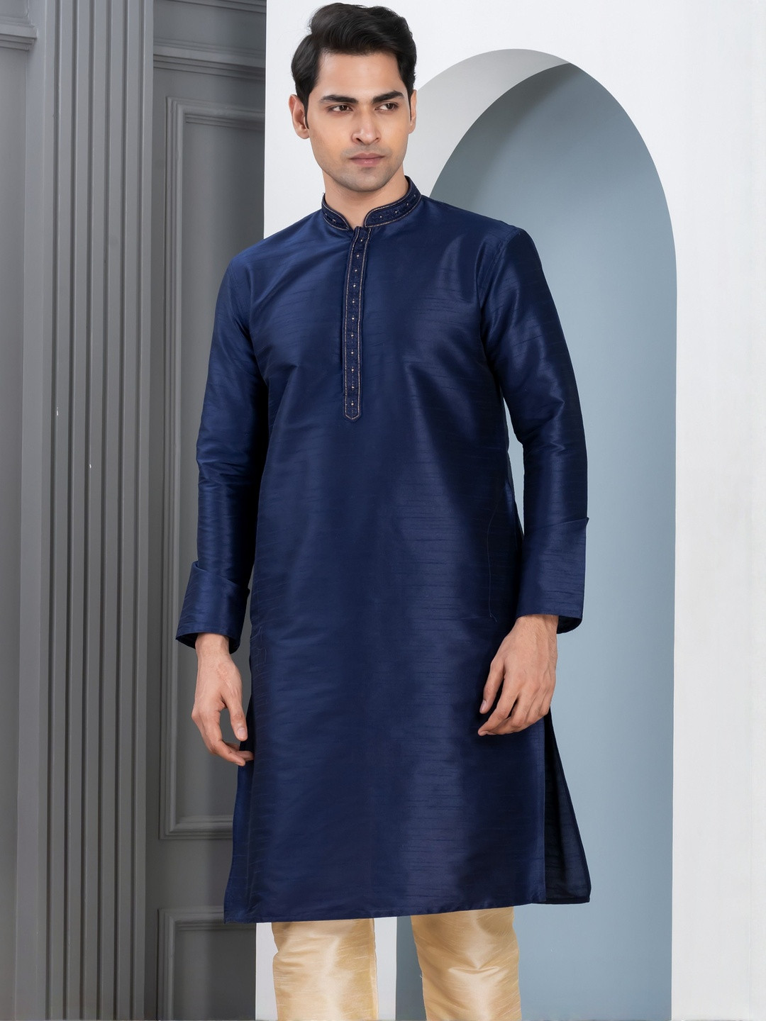 PulseIQ Men Woven Design Dupion Silk Straight Kurtas