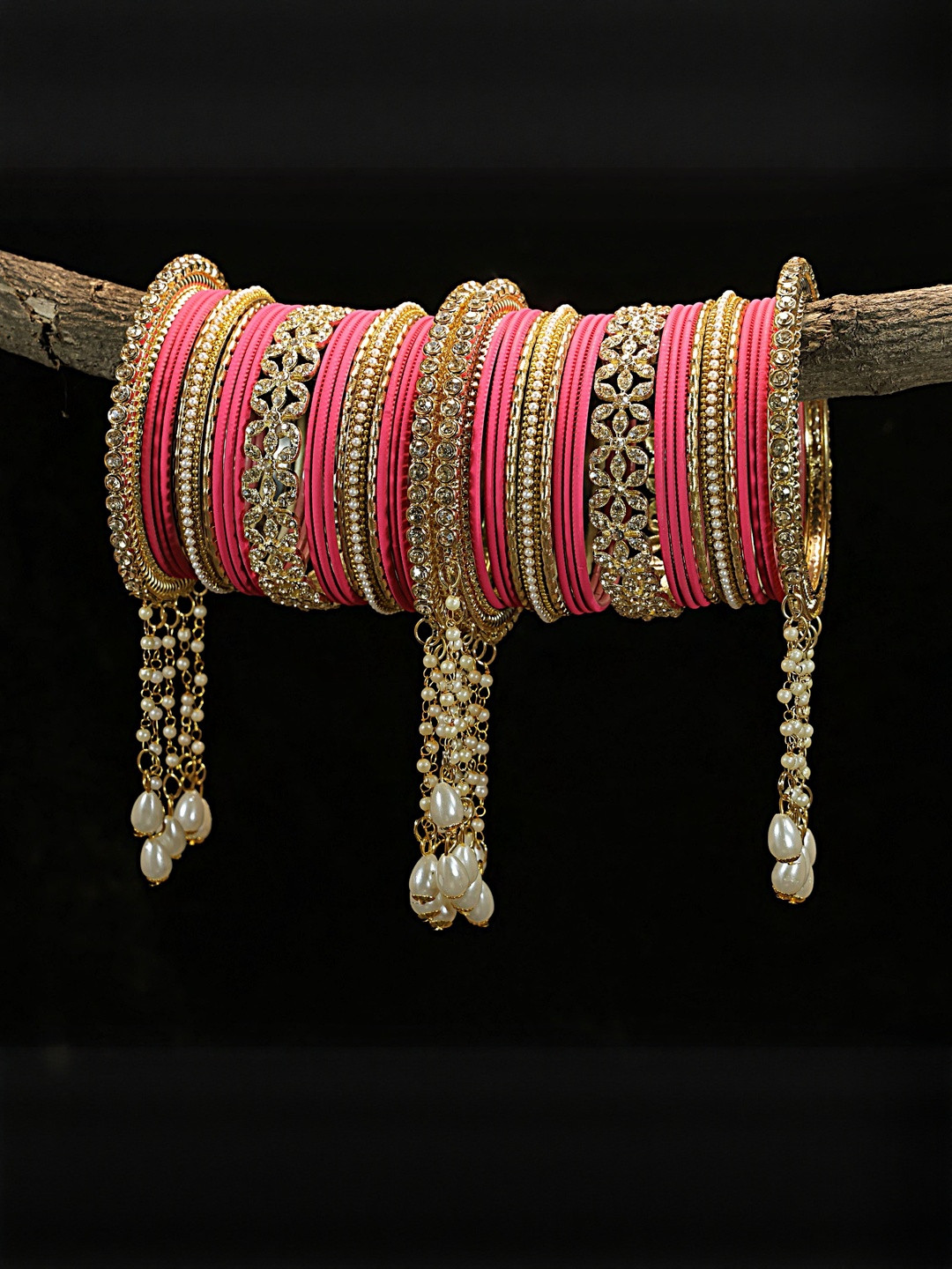 GLIKA Women Pack Of 42 Pink & Gold-Toned Zircon Stone With Latkan Metal Bangles