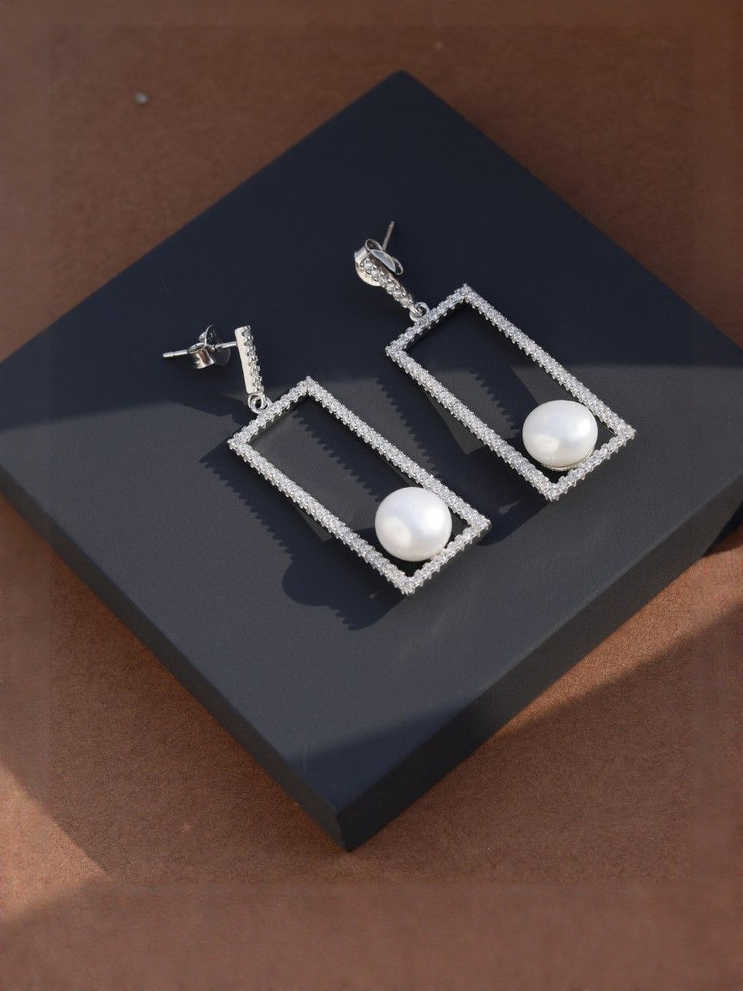 DIAVO 925 Silver Rhodium Plated Stones Studded and Beaded Rectangle Shaped Drop Earrings