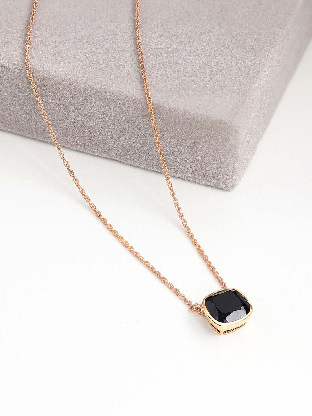 Tweov Sterling Silver Rose Gold Plated Stones Studded Square Minimal Necklace With Chain