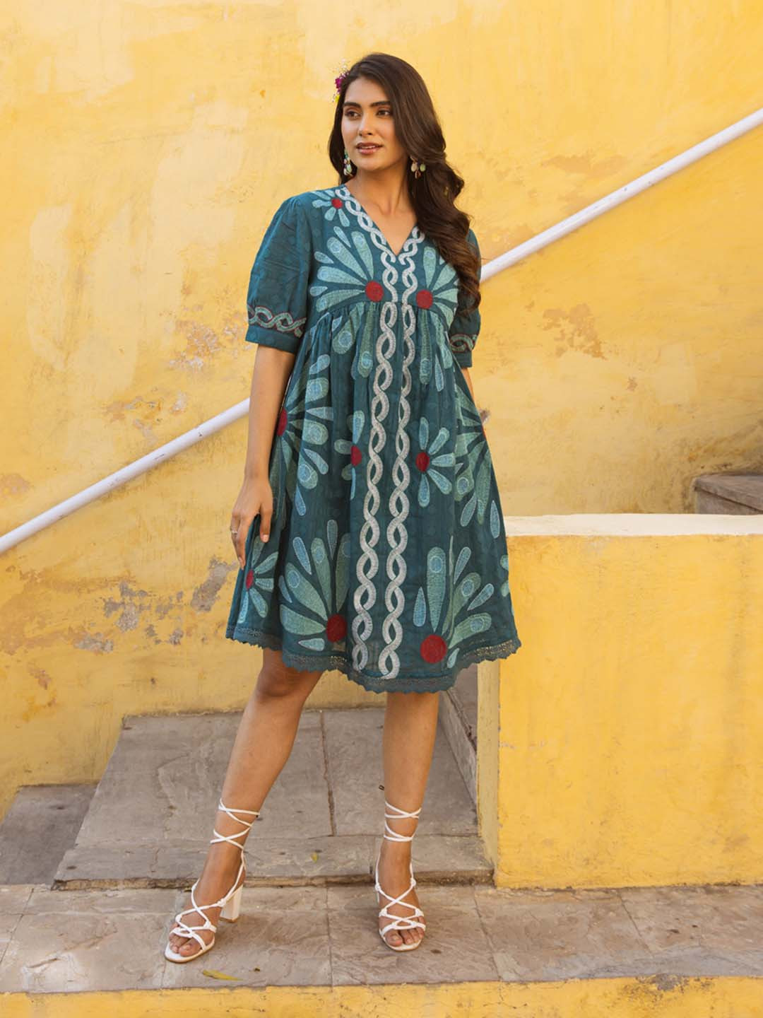 Aadews Women Embroidered Cotton V-Neck Short Sleeve Ethnic Dresses