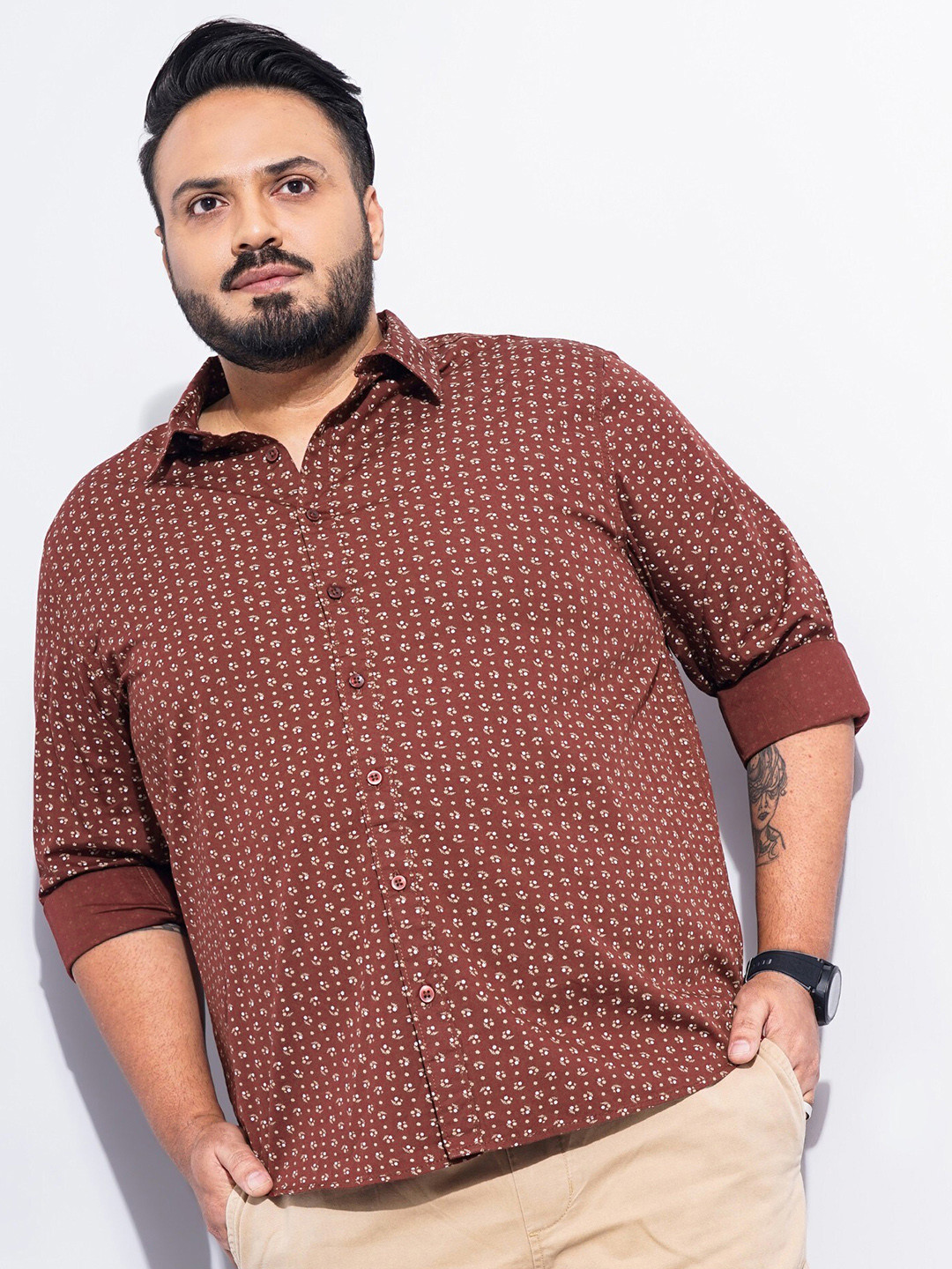 The Indian Garage Co Plus Size Micro Ditsy Printed Pure Cotton Casual Shirt