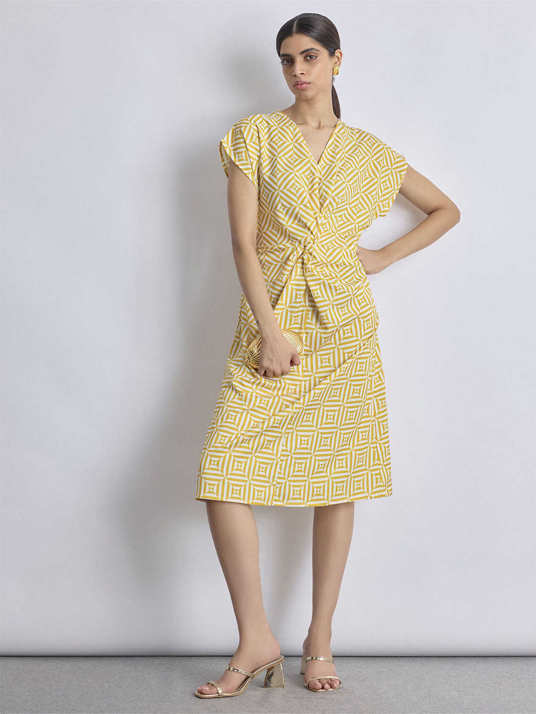 The Label Life Mustard Geo Print Twist Knot Dress
