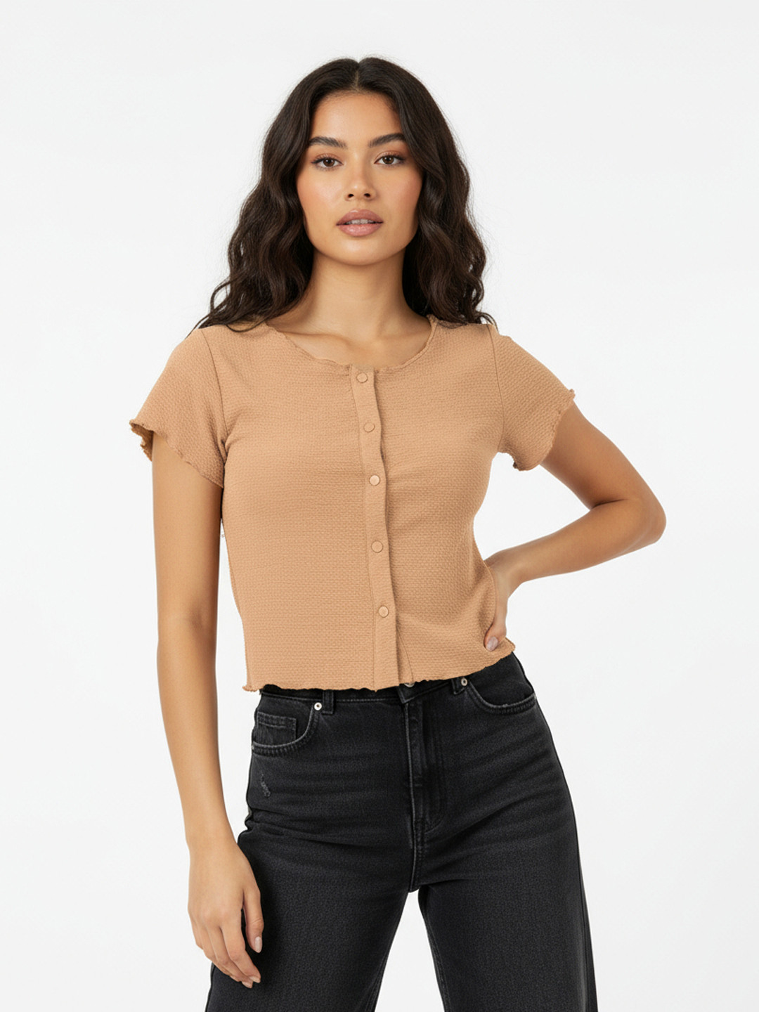Mustard Brown Textured Crop Button-Down Top