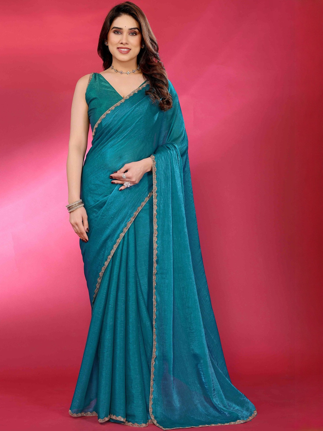 Peachmode Border Embellishment Chiffon  Saree