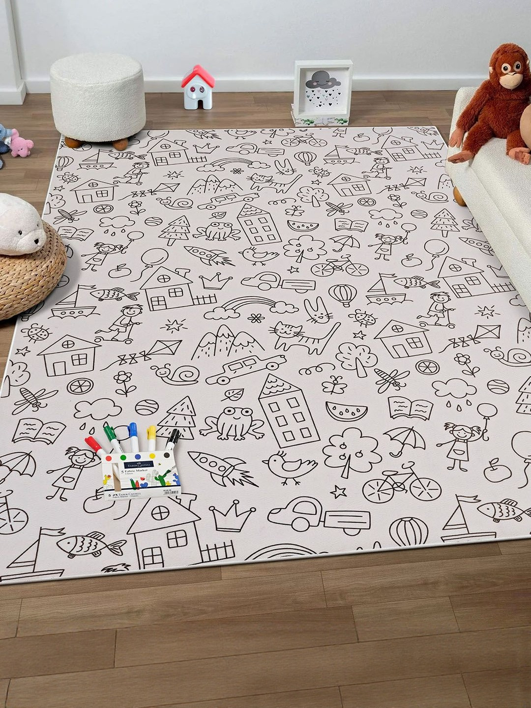 Kaleen India Black & White Doodle Coloring Anti-Skid Rugs with Fabric Markers