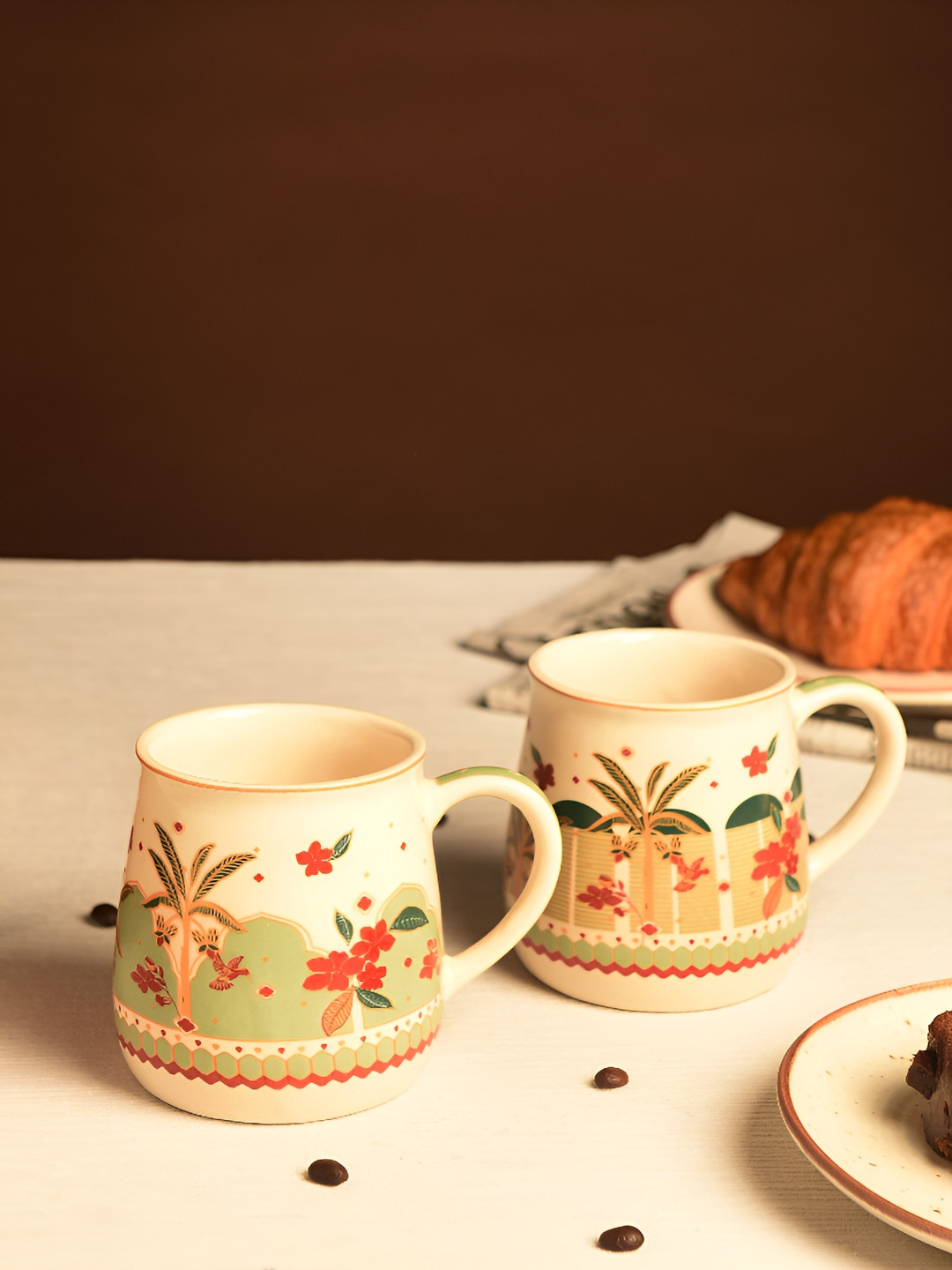 JAYPORE  2 Pieces Cream-& Red Abstract Printed Stoneware Matte Cups -300 ml