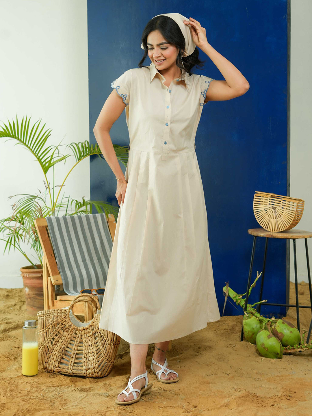 PINK CACTII Women Embroidered Belted Shirt Maxi Dress