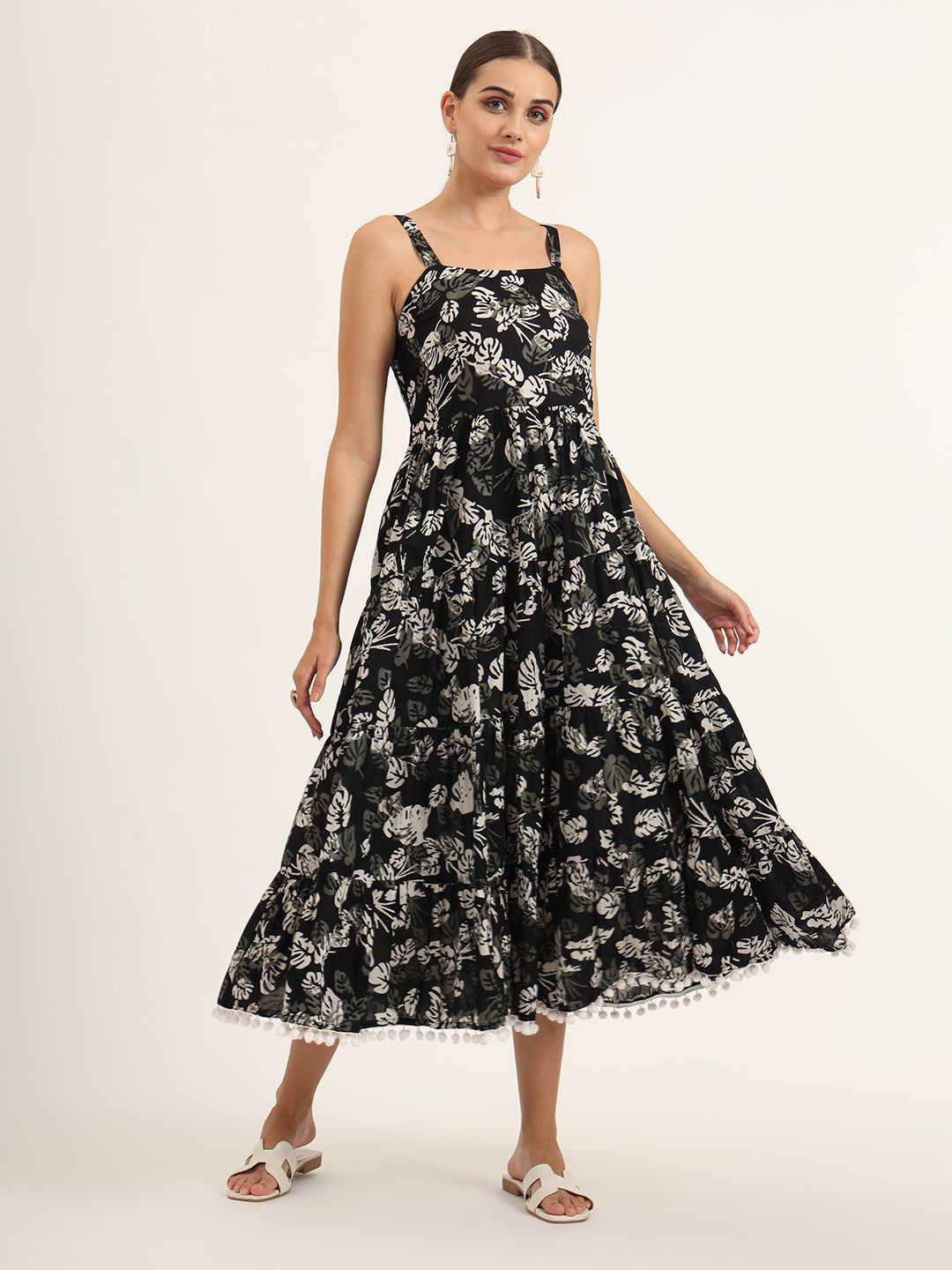 Chandbaali Floral Printed Pom Pom Detail Tiered Shoulder Straps Fit & Flare Midi Dress