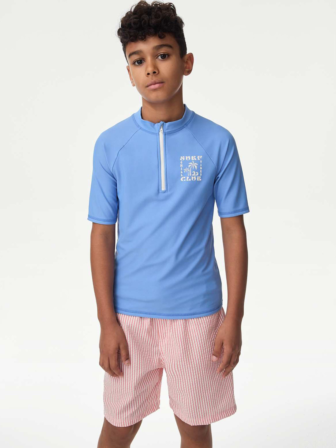 Marks & Spencer Boys Printed Round Neck Quarter Zip Rash Vest Swim T-shirt