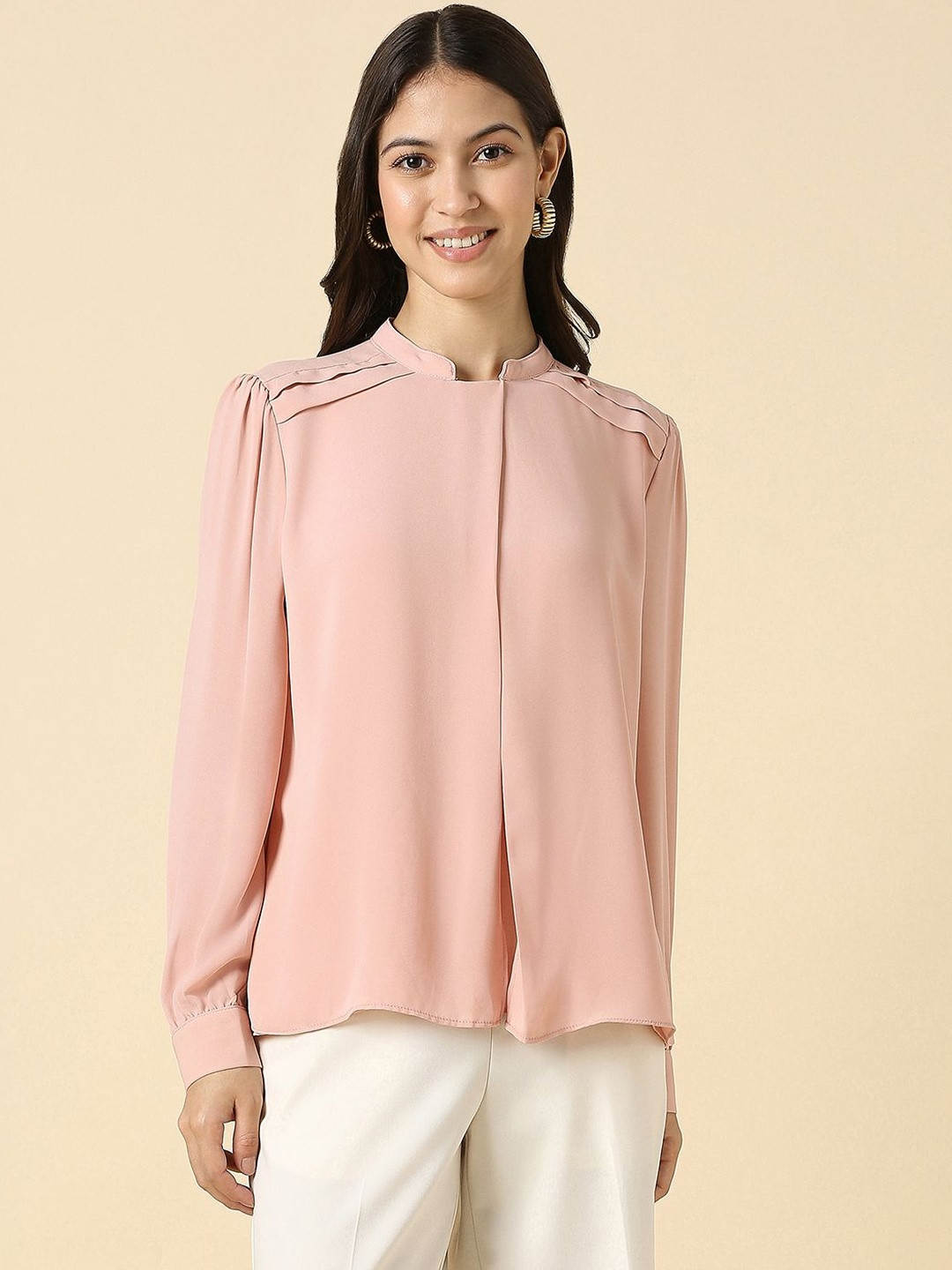 Allen Solly Woman Mandarin Collar Cuffed Sleeves Shirt Style Top