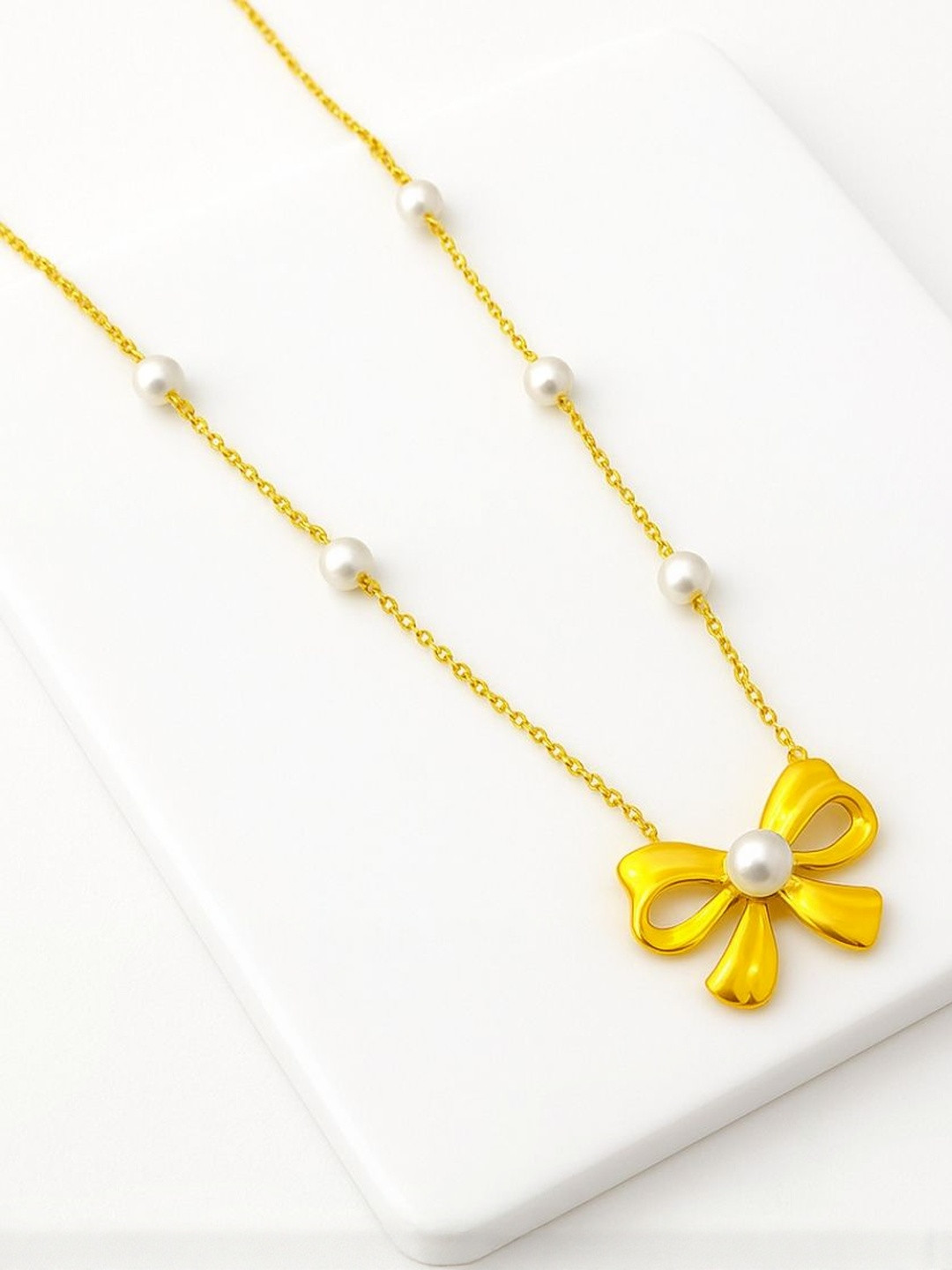 Bracotive Women White & Gold-Plated Bow Pendant With Pearls Stainless Steel Chain