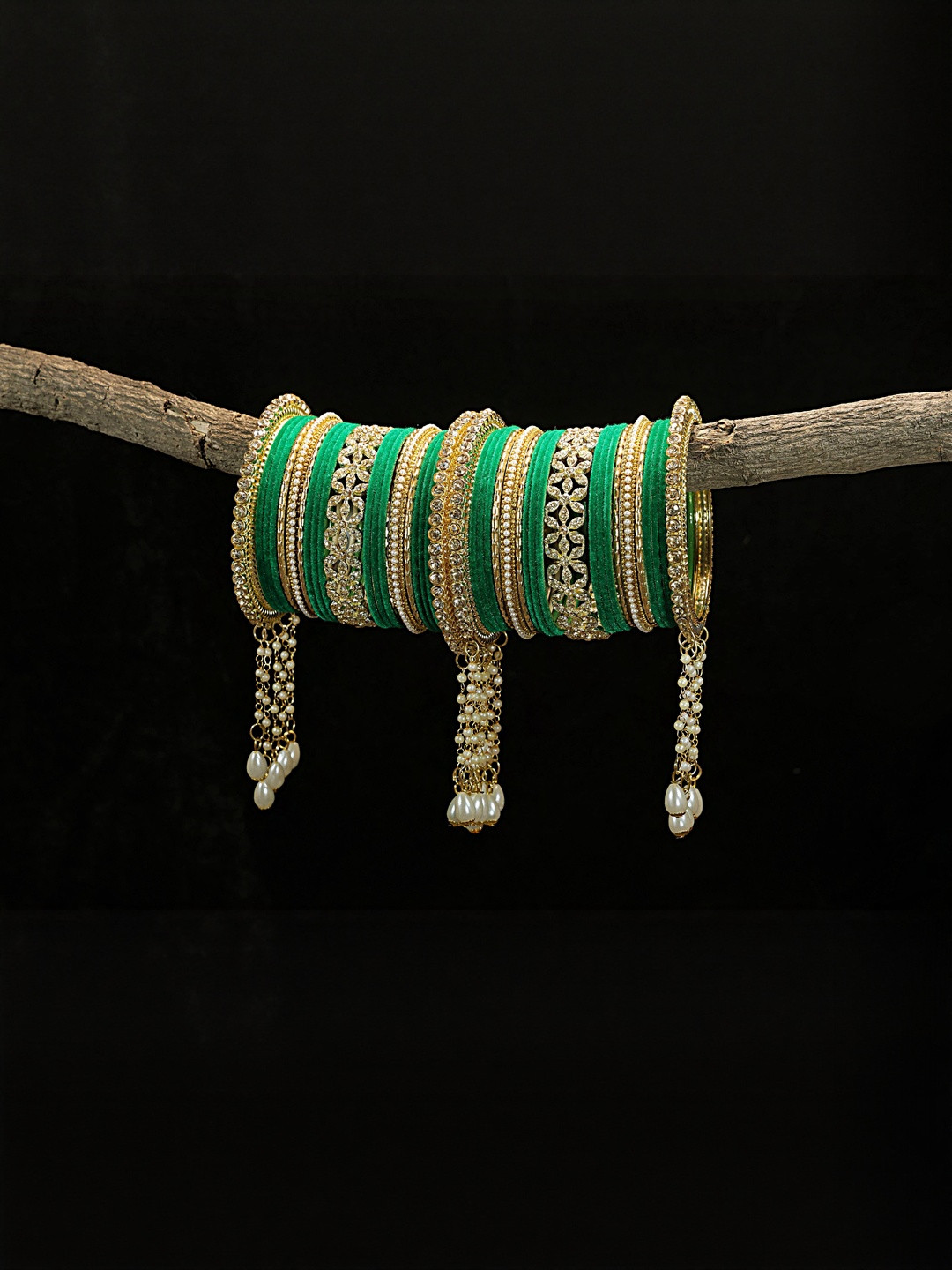 GLIKA Green Metal Base Zircon Gemstone Pearl Studded Latkan Bangle Set