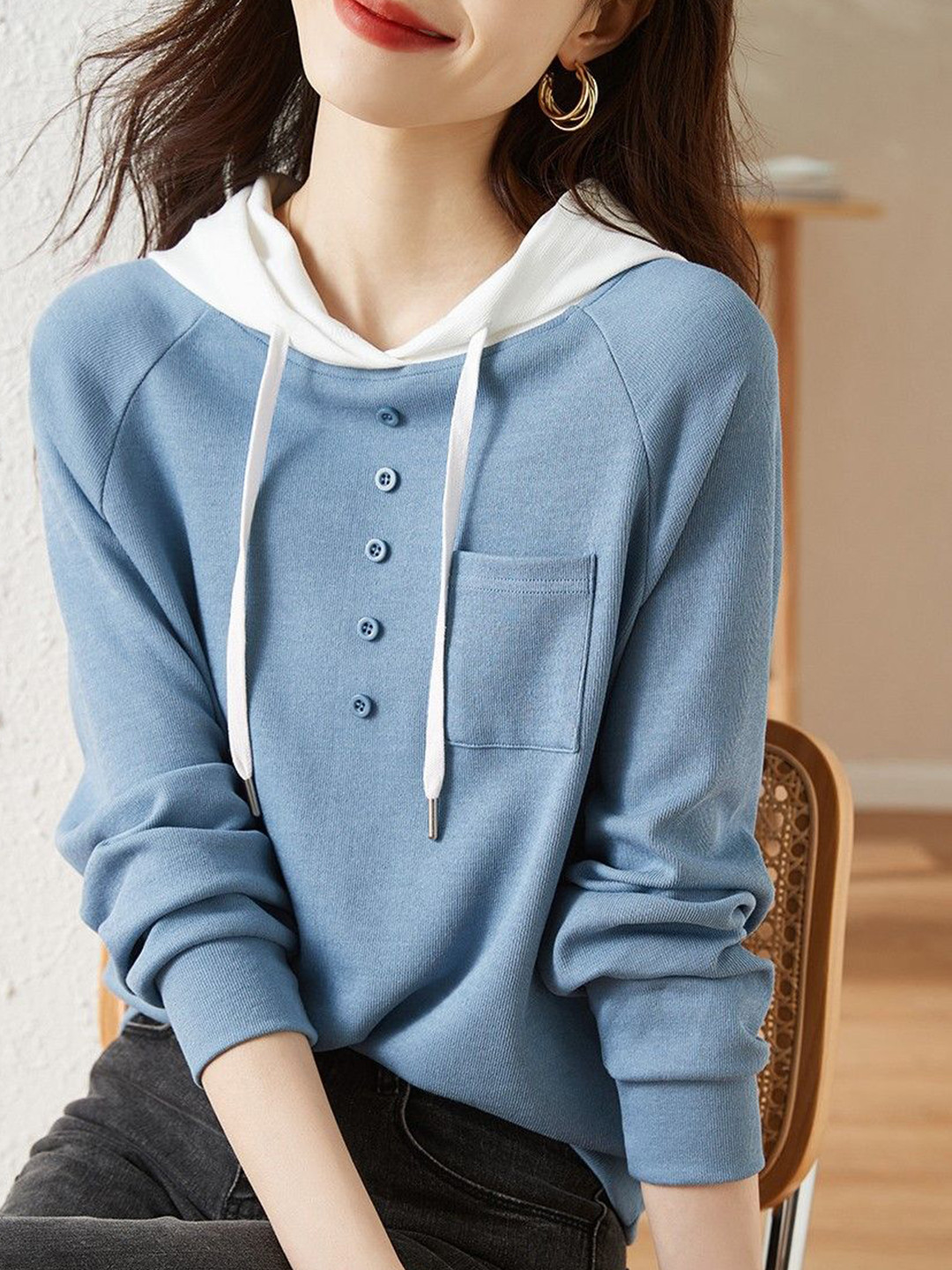 StyleCast Women Solid Button Hooded Pullover Sweatshirt