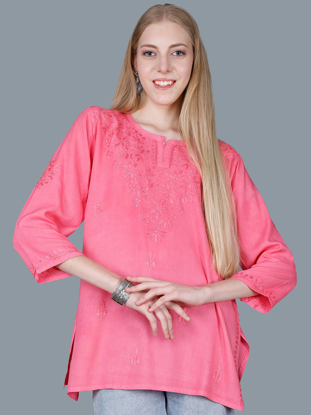 NAZAQAT ETHNIC INDIA Women Chikankari Hand Embroidery Lucknowi Gayon Short Kurti