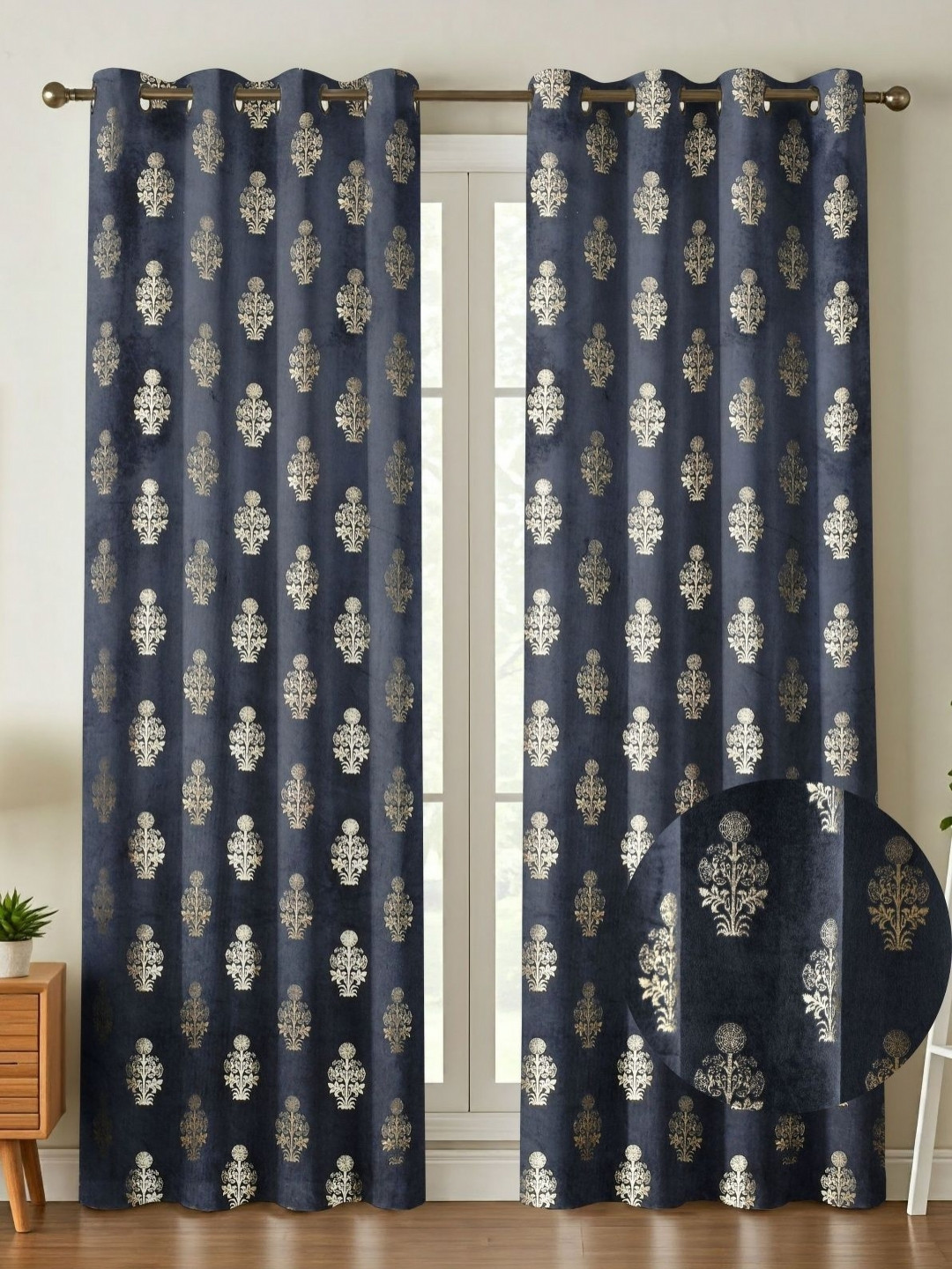 Kiara Creations Navy Blue & Gold-Toned 2 Pieces Velvet Room Darkening Door Curtain