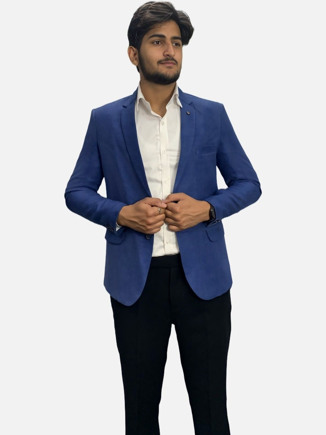 GARGIAN Master Cut Men Blue Notched Lapel Collar Long Sleeves Poly Viscose Blazer