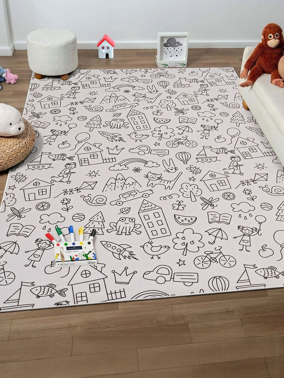 Kaleen India Kids  Black Washable  Doodle Coloring Rugs Anti-Skid Polyester Carpet