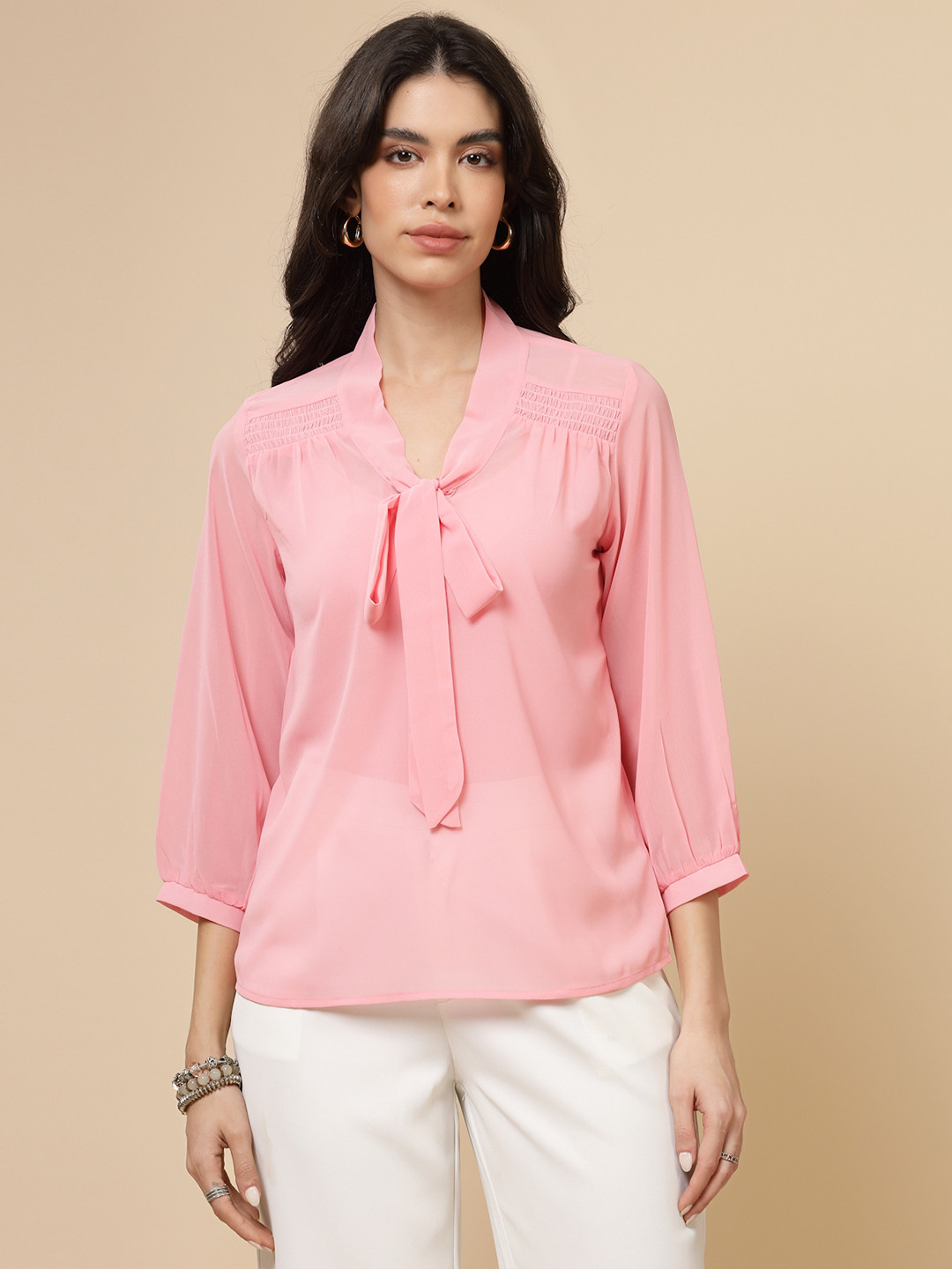 Nomad Lifestyle Women Tie-Up Neck Puff Sleeves Top