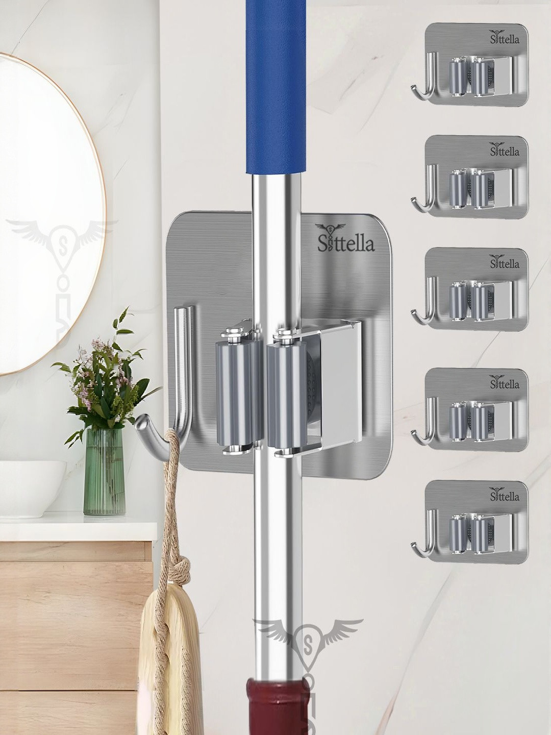 SITTELLA Set of 6 Stainless Steel Broom and Mop Stick Holde