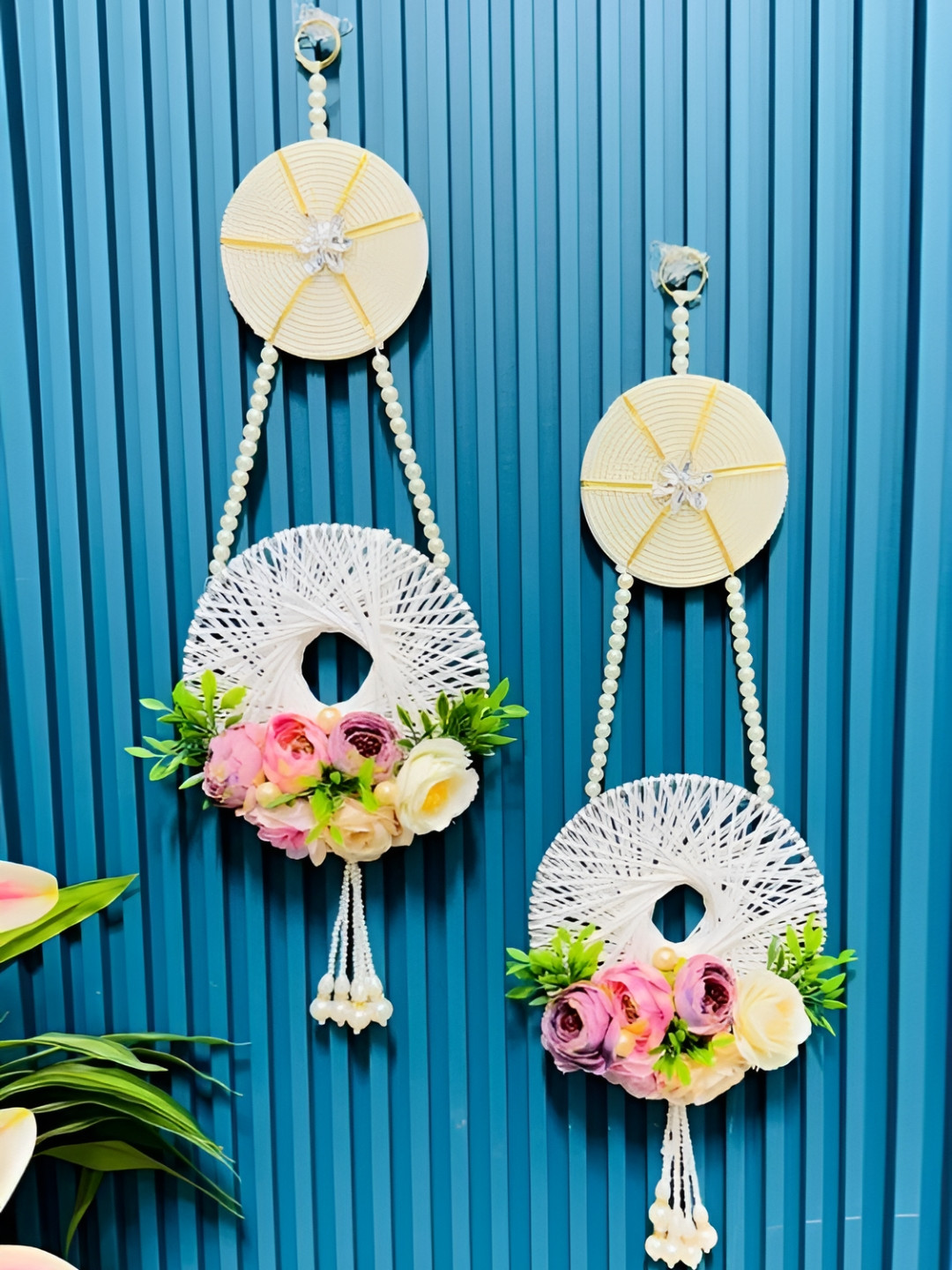 Sellplus 2Pcs White & Pink Textured Macrame Ring With Moti Ring Hanging Torans