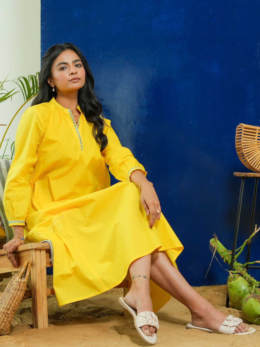 PINK CACTII Women Chroma Pop Lemon Yellow Calf Length A-Line Dress