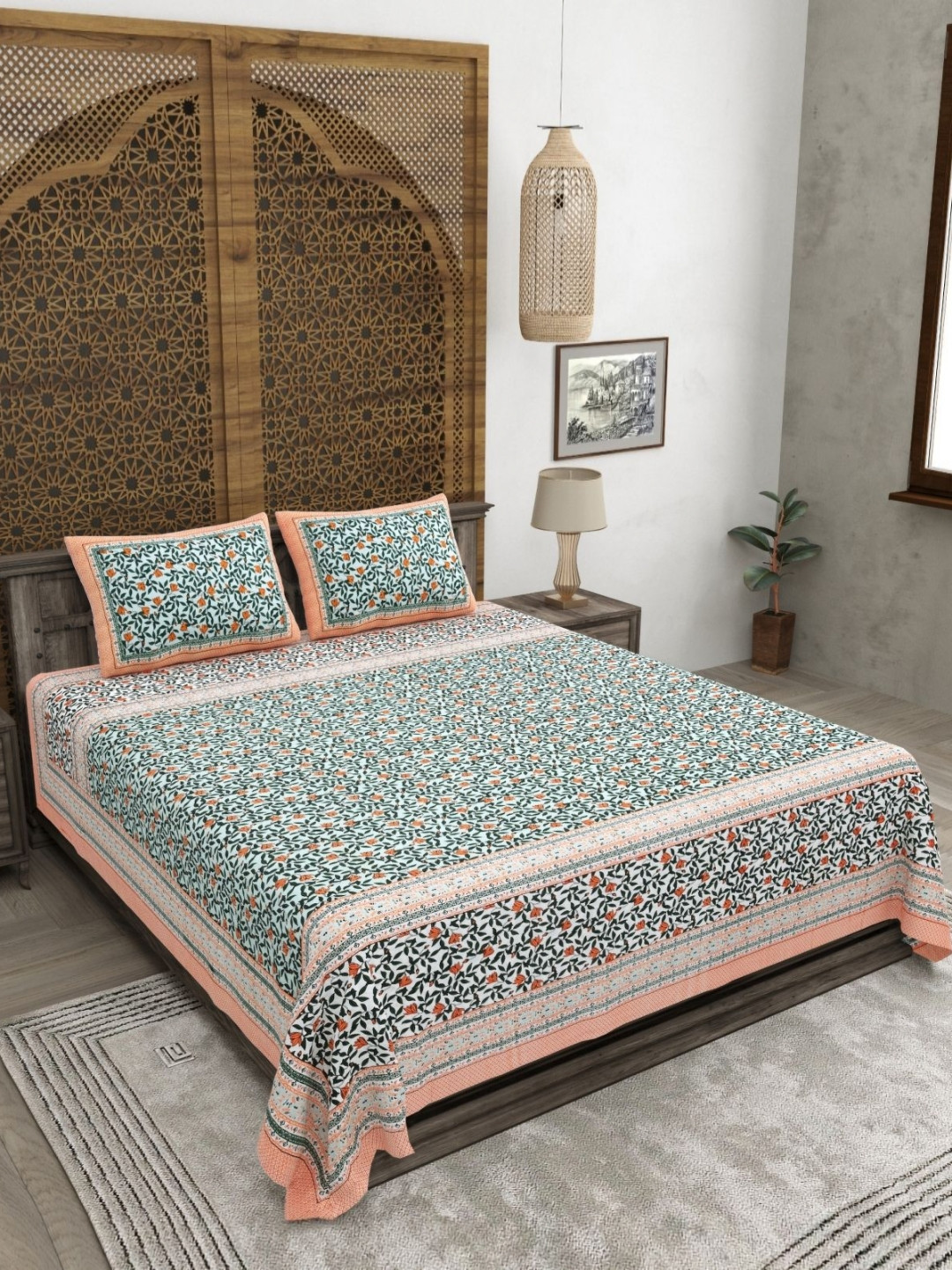 CLOTHOLOGY Orange & Green Floral Printed 180 TC Flat Cotton King Bedsheet - 2.75 x 2.25 m