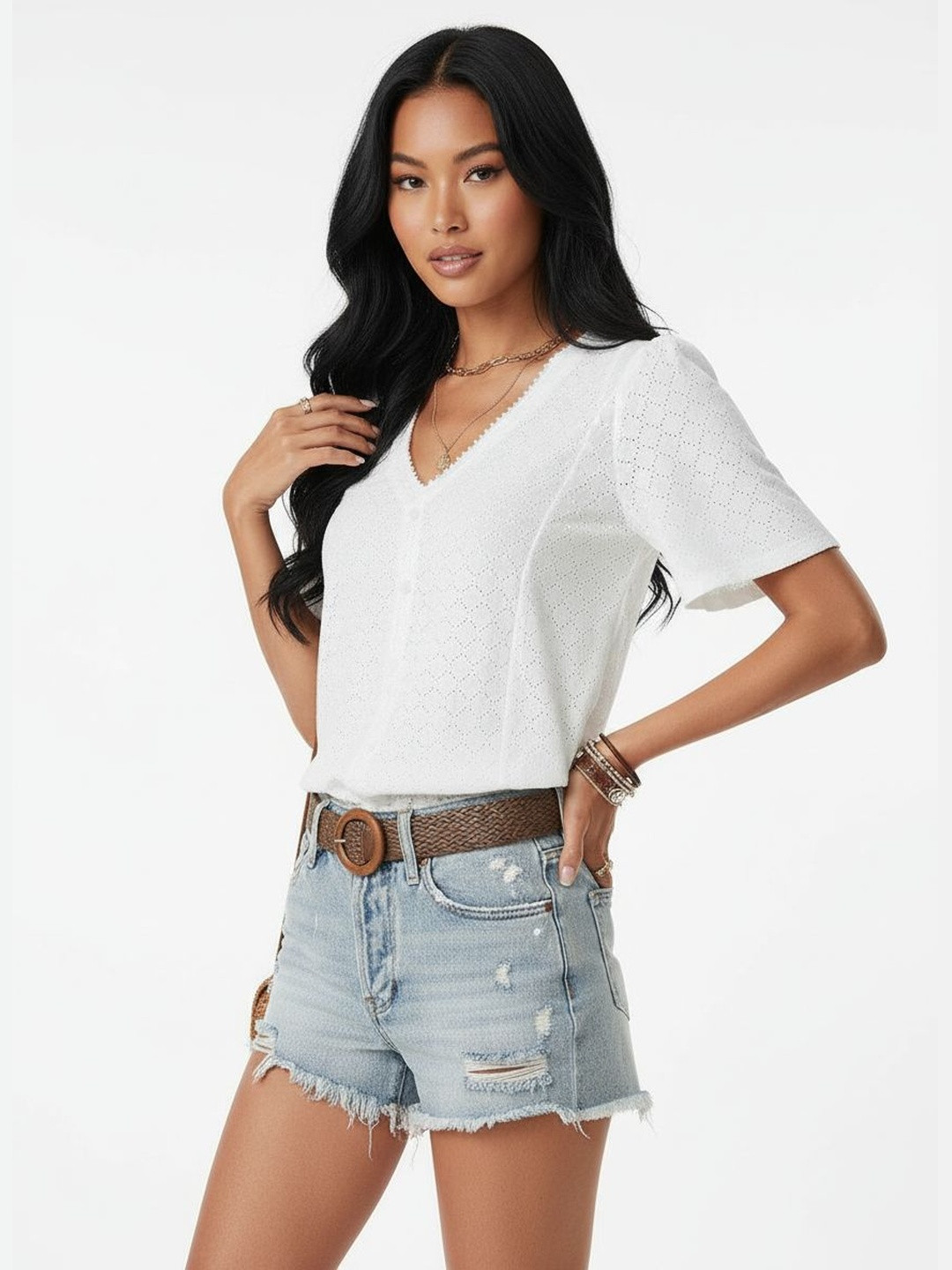 DressBerry Geometric Design Button Detail Top