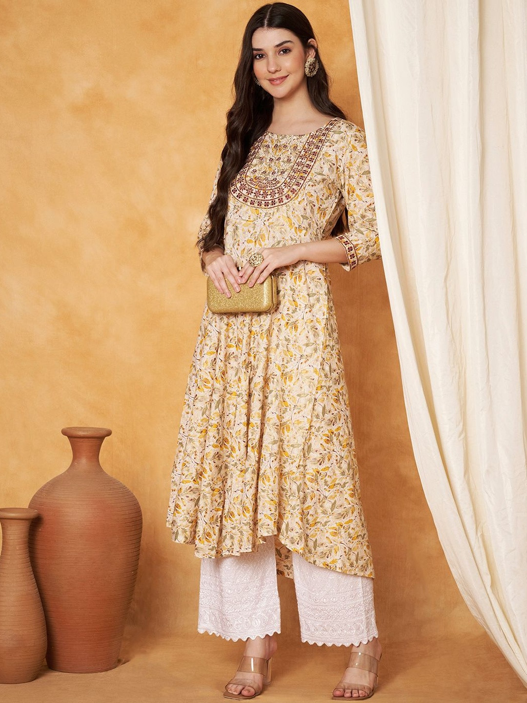 KALINI Women Golden Floral Printed Box Adda Work Pleated Co-Ord Set