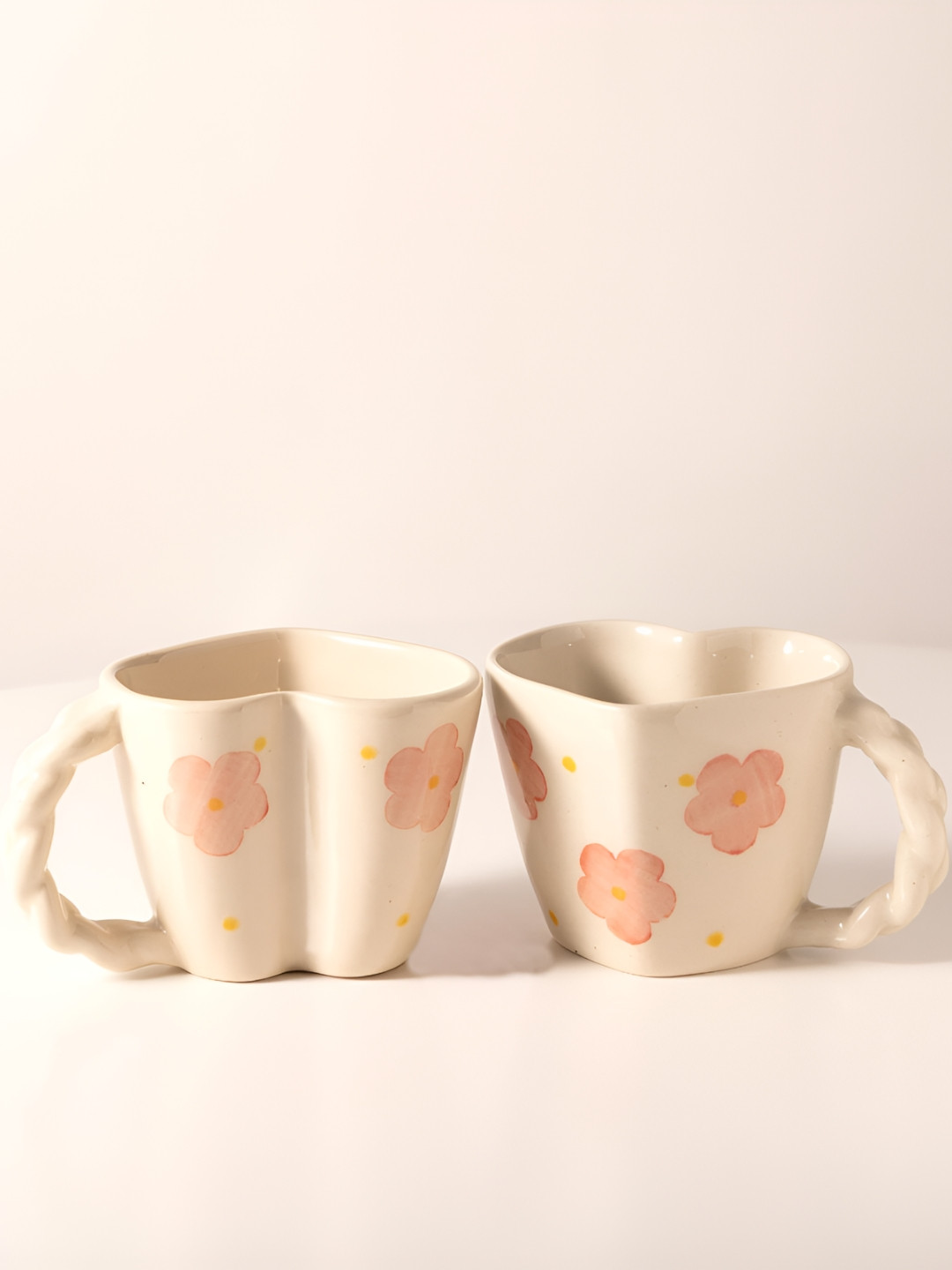 THE INDIAN ROSE Cream-Coloured & Pink 2 Pieces Printed Ceramic Glossy Cups 200ml