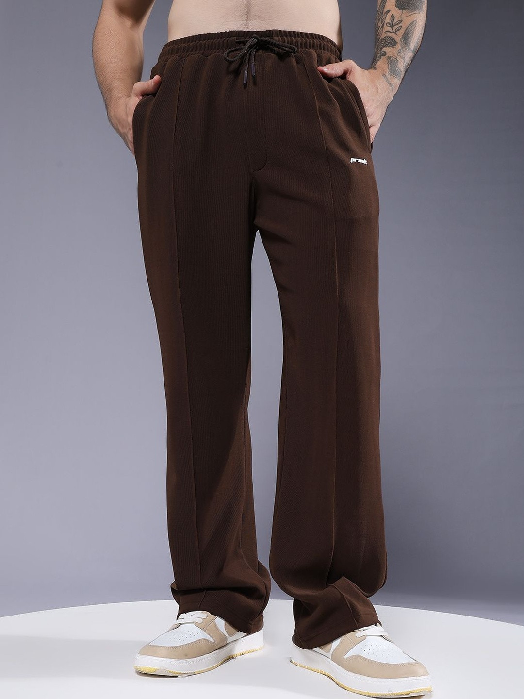 PRONK Men Brown Mid-Rise Relaxed Pleated Trousers