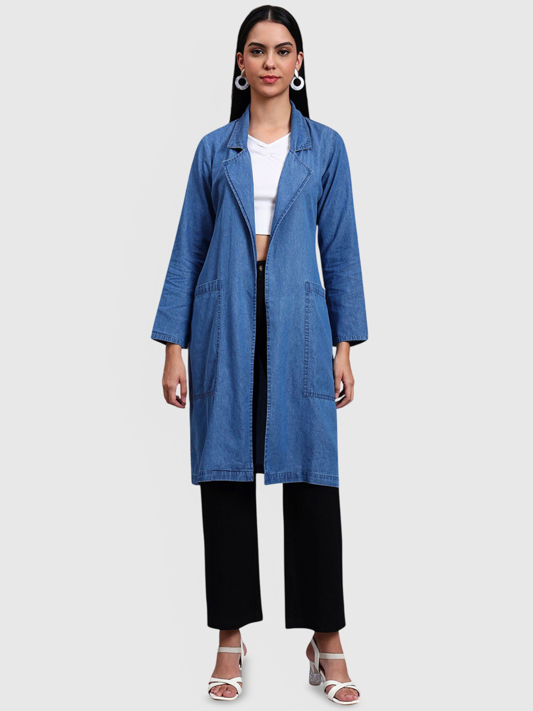 R.Code by The Roadster Life Co. Front Open Notched Lapel Denim Light Weight Long Coat