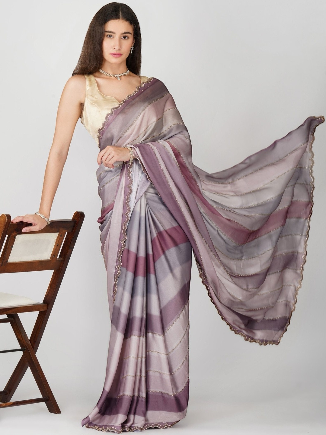 D tales Striped Beads And Stones Saree With Unstitched Blouse Piece