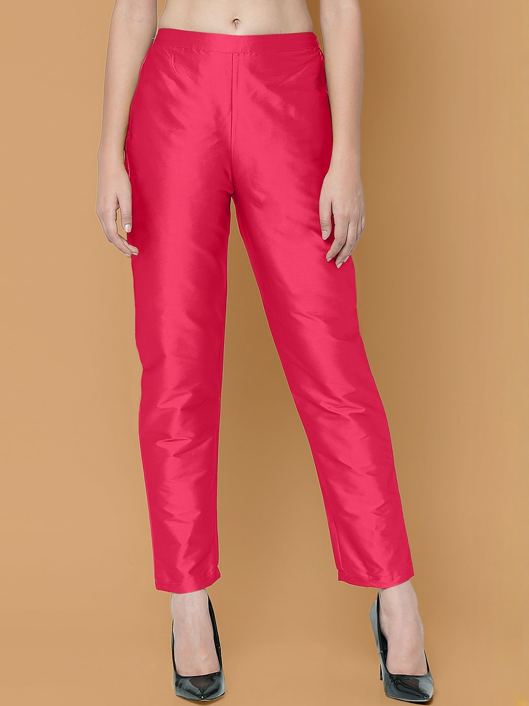 Moda Rapido Women Magenta Relaxed Easy Wash Slip On Poly Silk Trouser With Lining