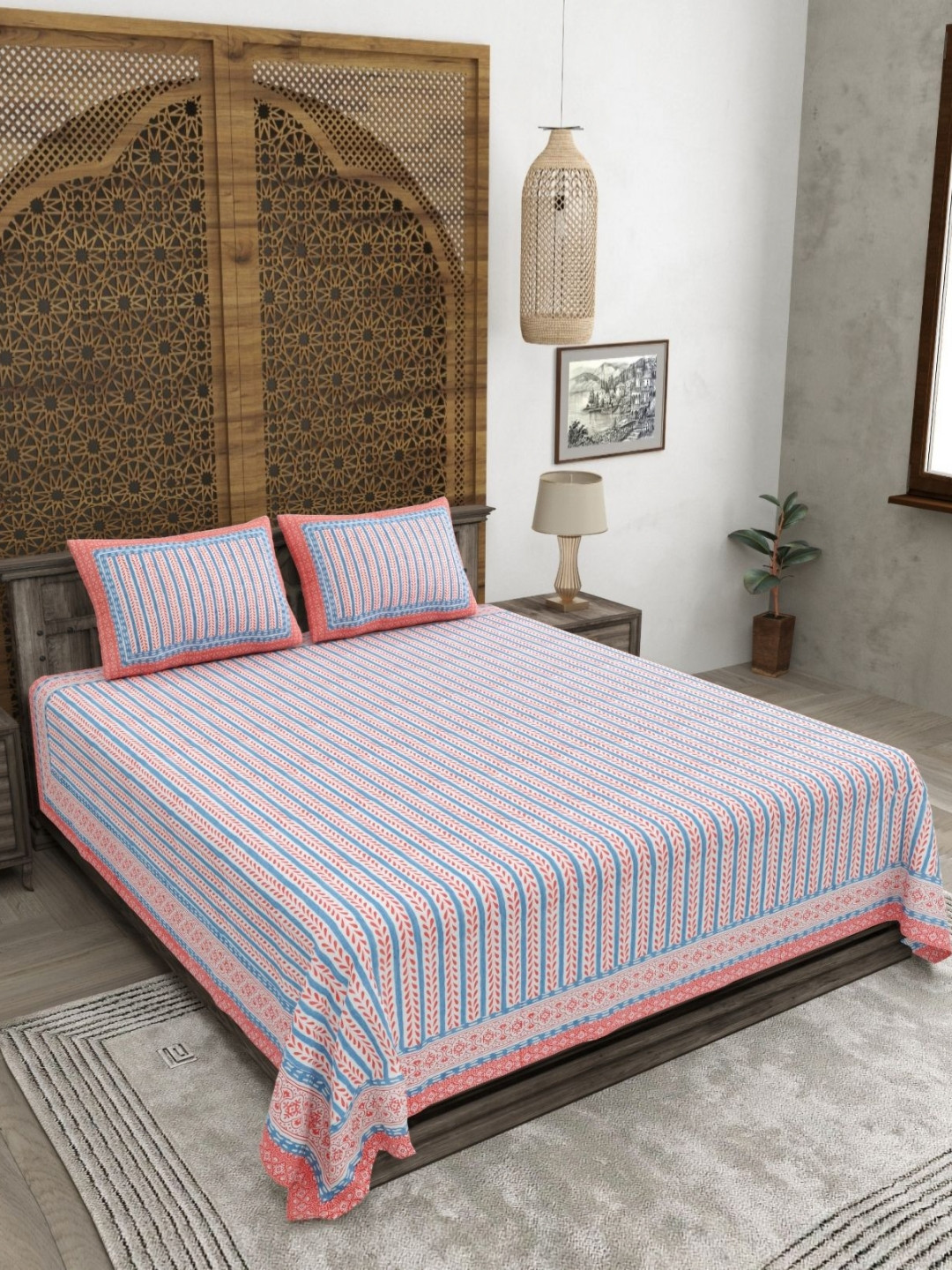 CLOTHOLOGY Coral Red & Sky Blue Vine Stripe Vana Linear 180 TC Cotton King Bedsheet with 2 Pillow Cover
