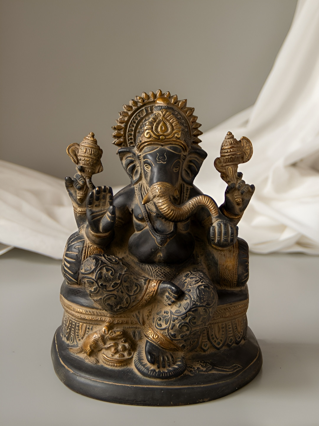 Imli Street Gold Toned Blessing Ganesha with Mushak Religious Idol Showpiece