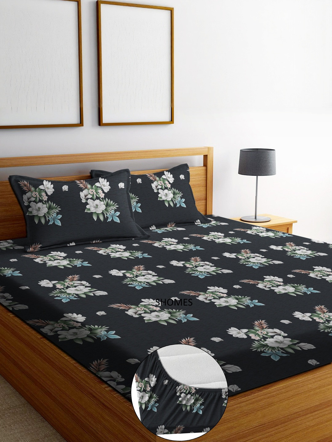 SHOMES Black & White Floral 250 TC King Bedsheet with 2 Pillow Covers