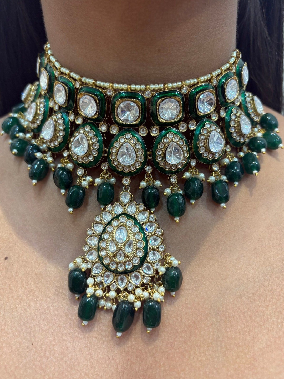 JOSYA Polki Stones Studded & Beaded Necklace & Earrings & Maang Tika