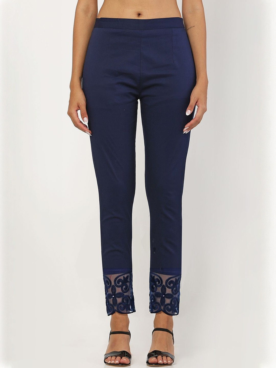 Moda Rapido Women Navy Blue Stretchable Cotton Trouser with Tissue Embroidery Work.