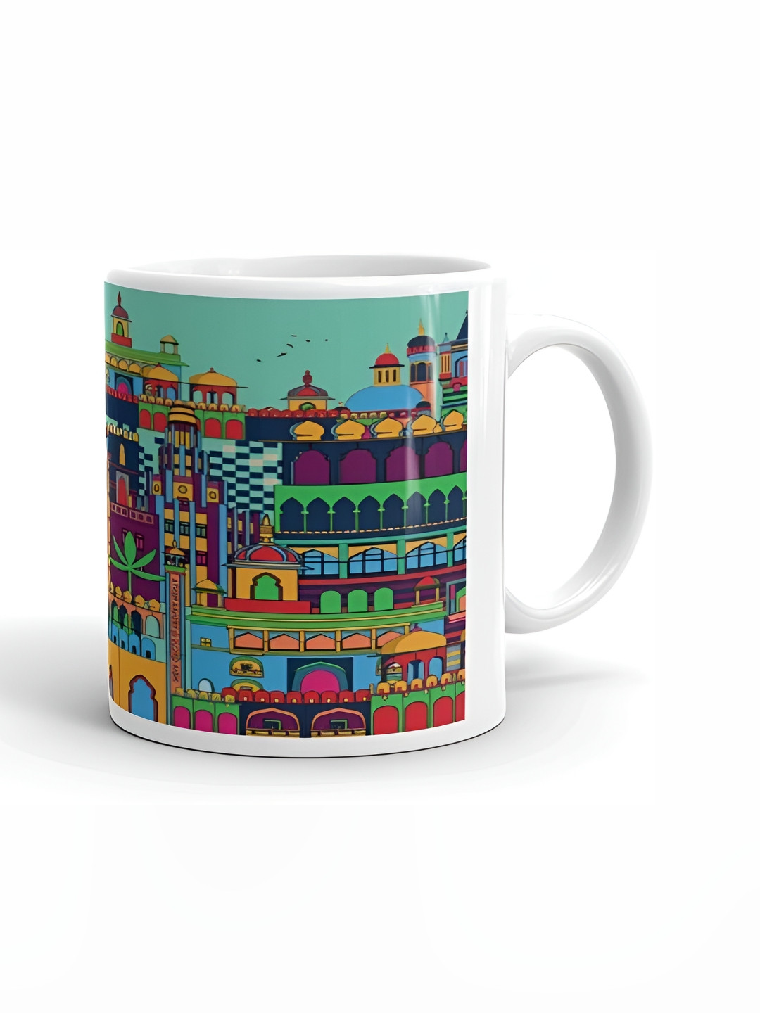 Mr UVD White & Green Graphic Printed Ceramic Glossy Ethnic Motifs Mug -350 ml