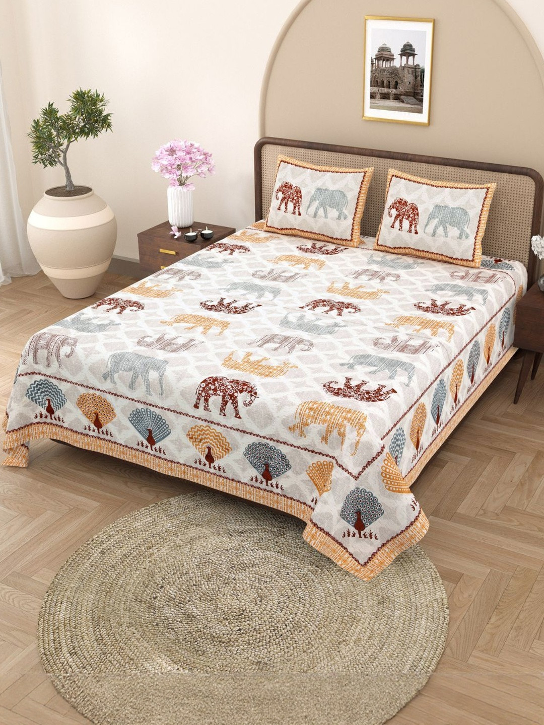 Myntra Elegant Homes Multi Coloured Printed 210 TC Single Bedsheet with 2 Pillow Covers