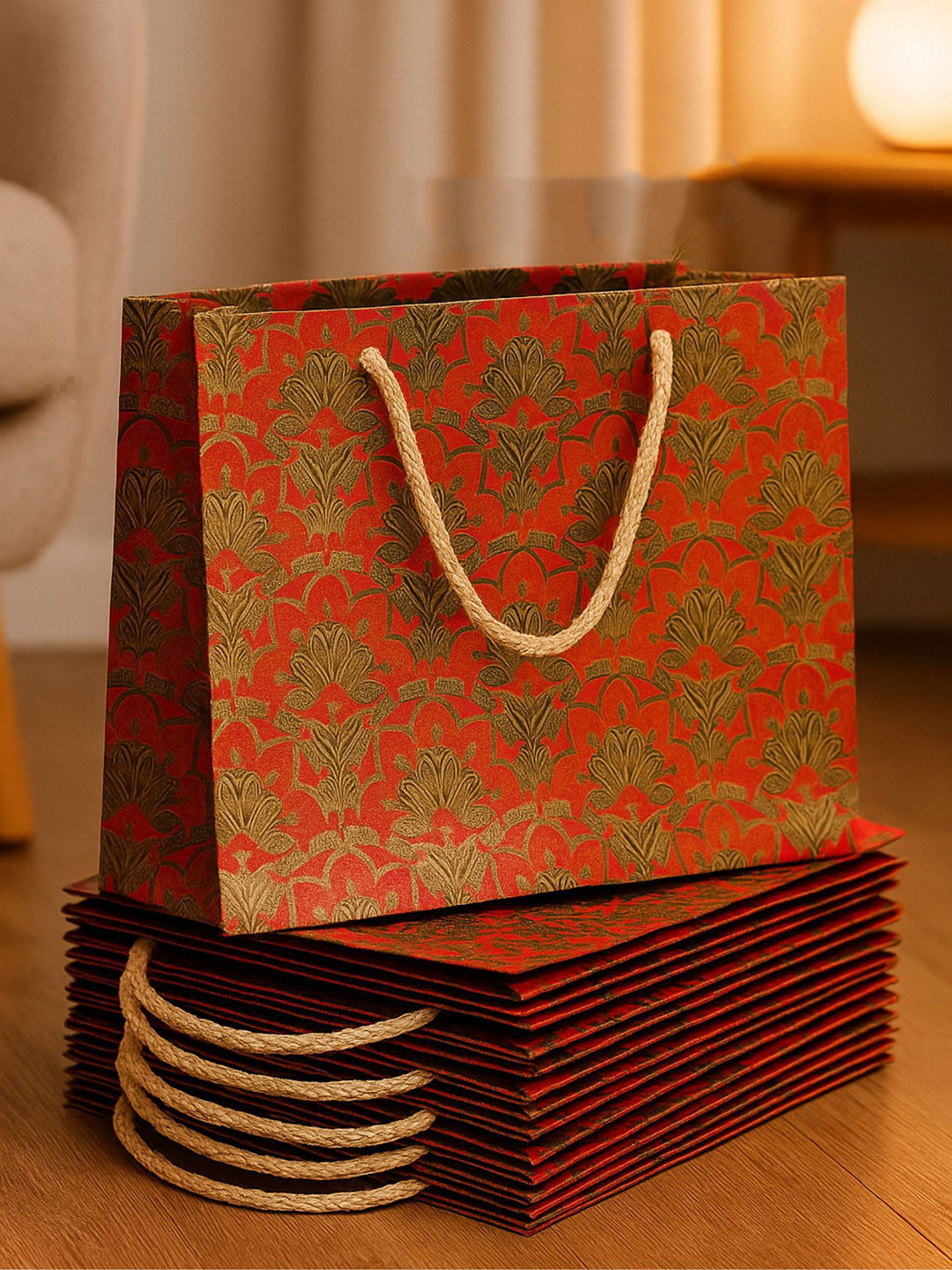 ARTSY )range Colored & Gold Toned  5 Pieces Printed Reusable Carry Bags