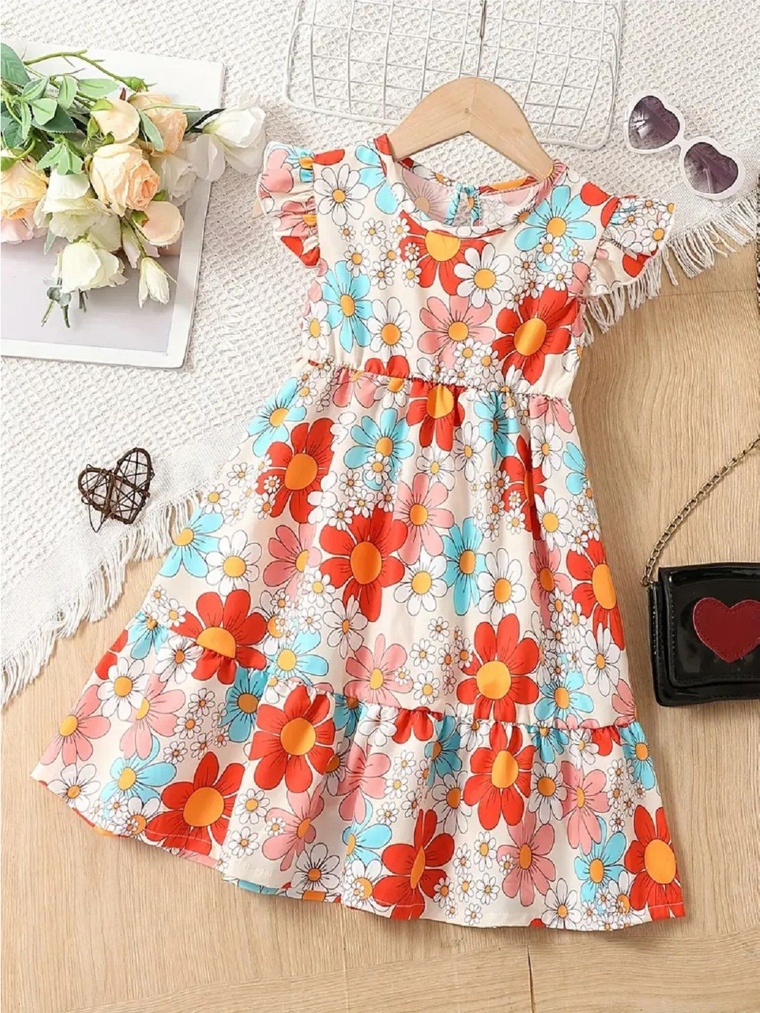 White World Girls Floral Printed Flutter Sleeve Fit & Flare Dress
