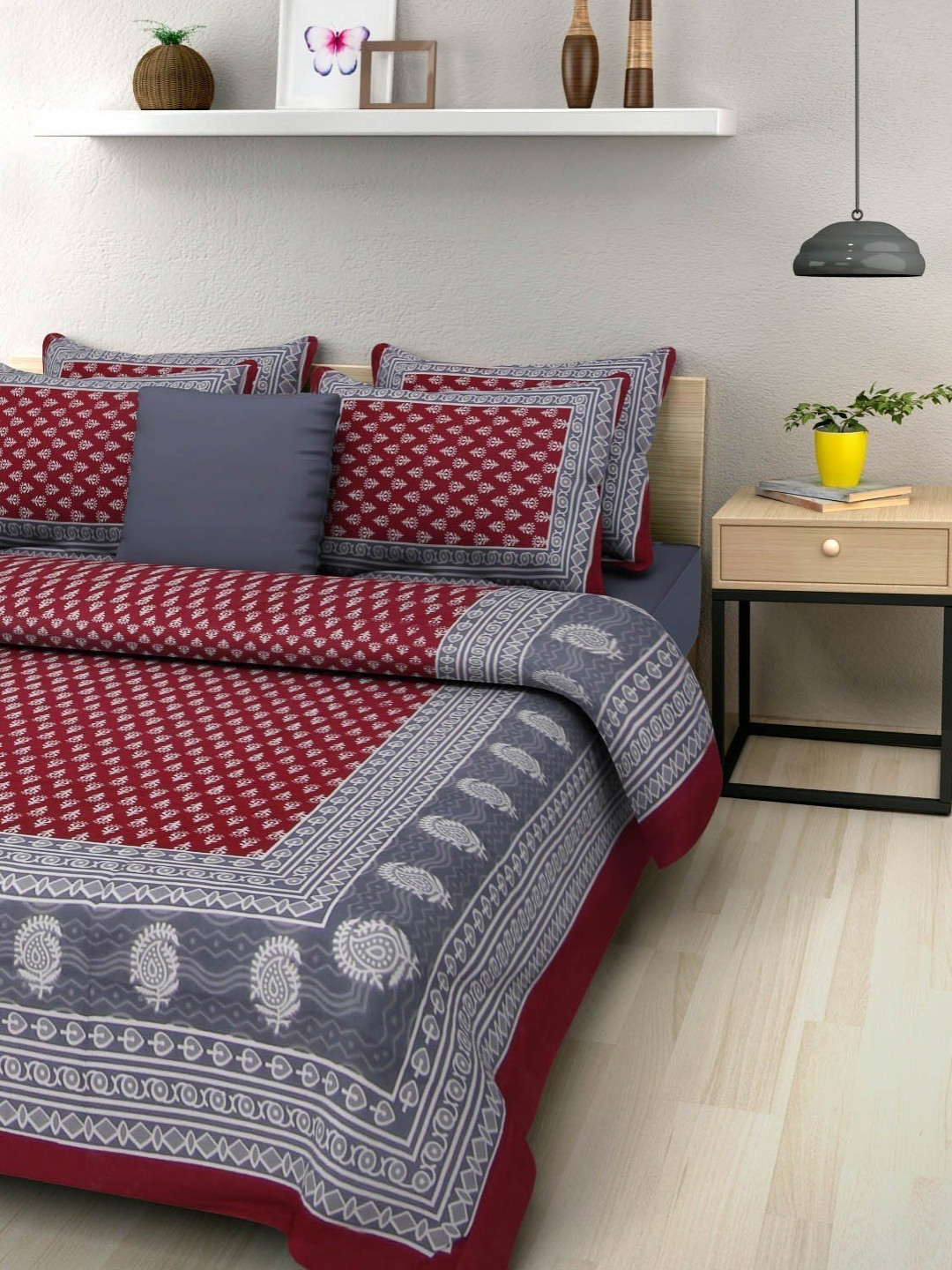 UNIBLISS Maroon & Grey Floral 144 TC Cotton Queen Bedsheet Set 2.35m x 2.15m