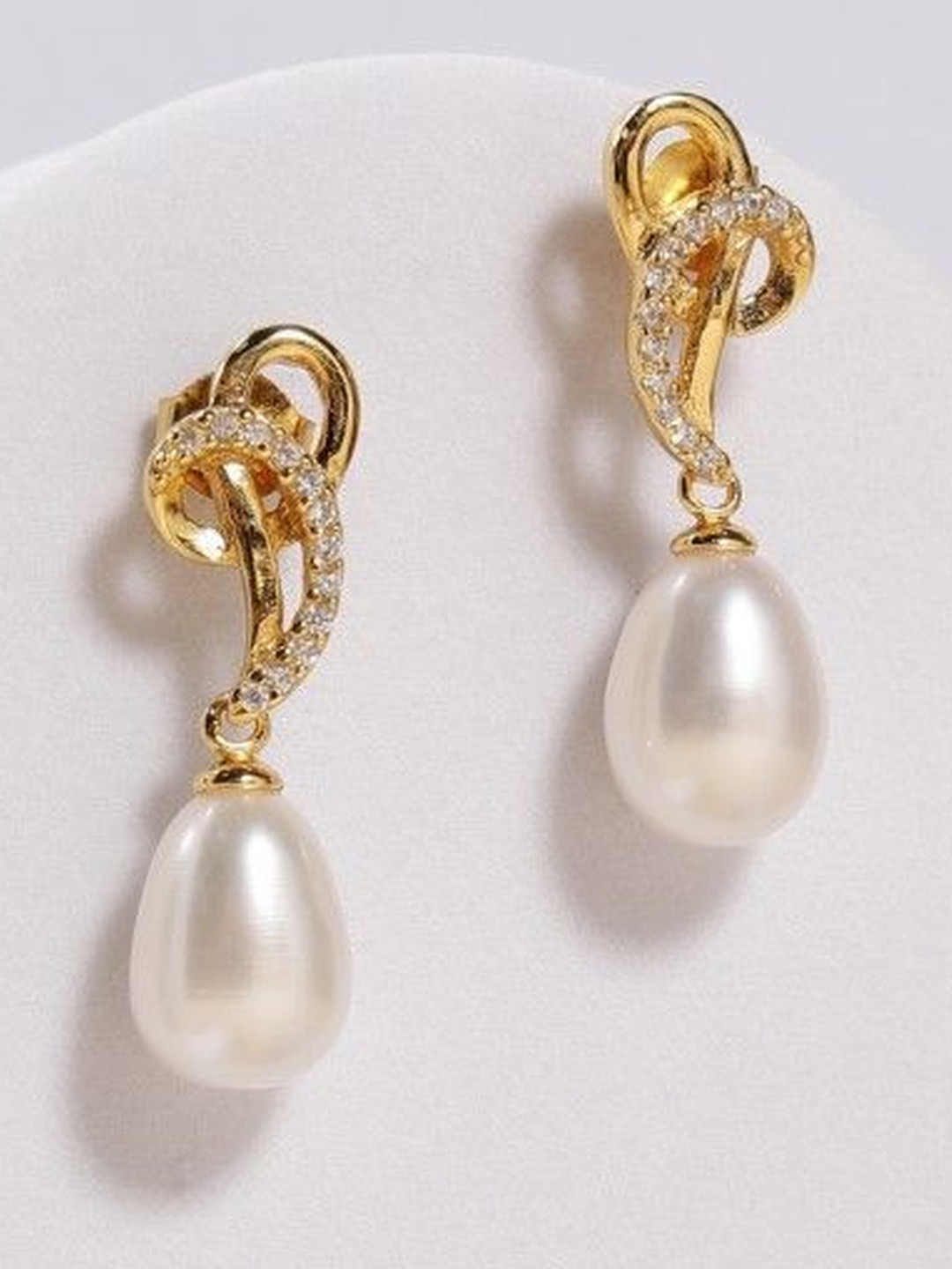 DIAVO Silver Gold Plated Artificial Stones and Beaded Teardrop Shaped Drop Earrings