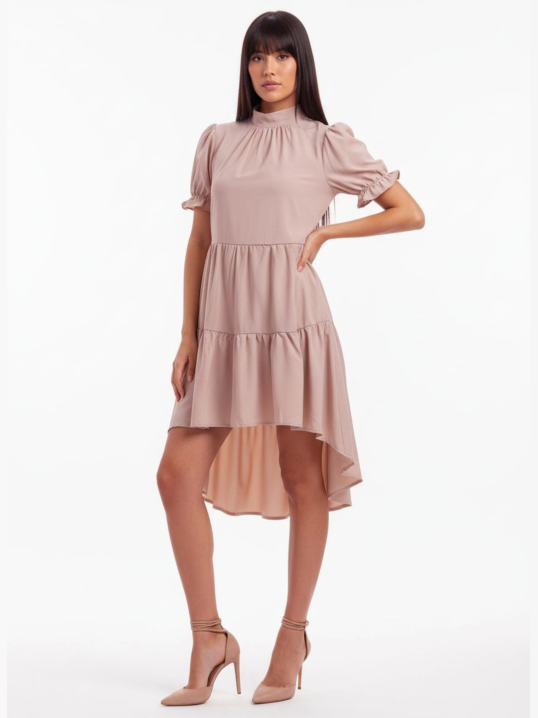 DressBerry Gathered Detail High-Neck Tiered A-Line Midi Dress with Tie-Ups