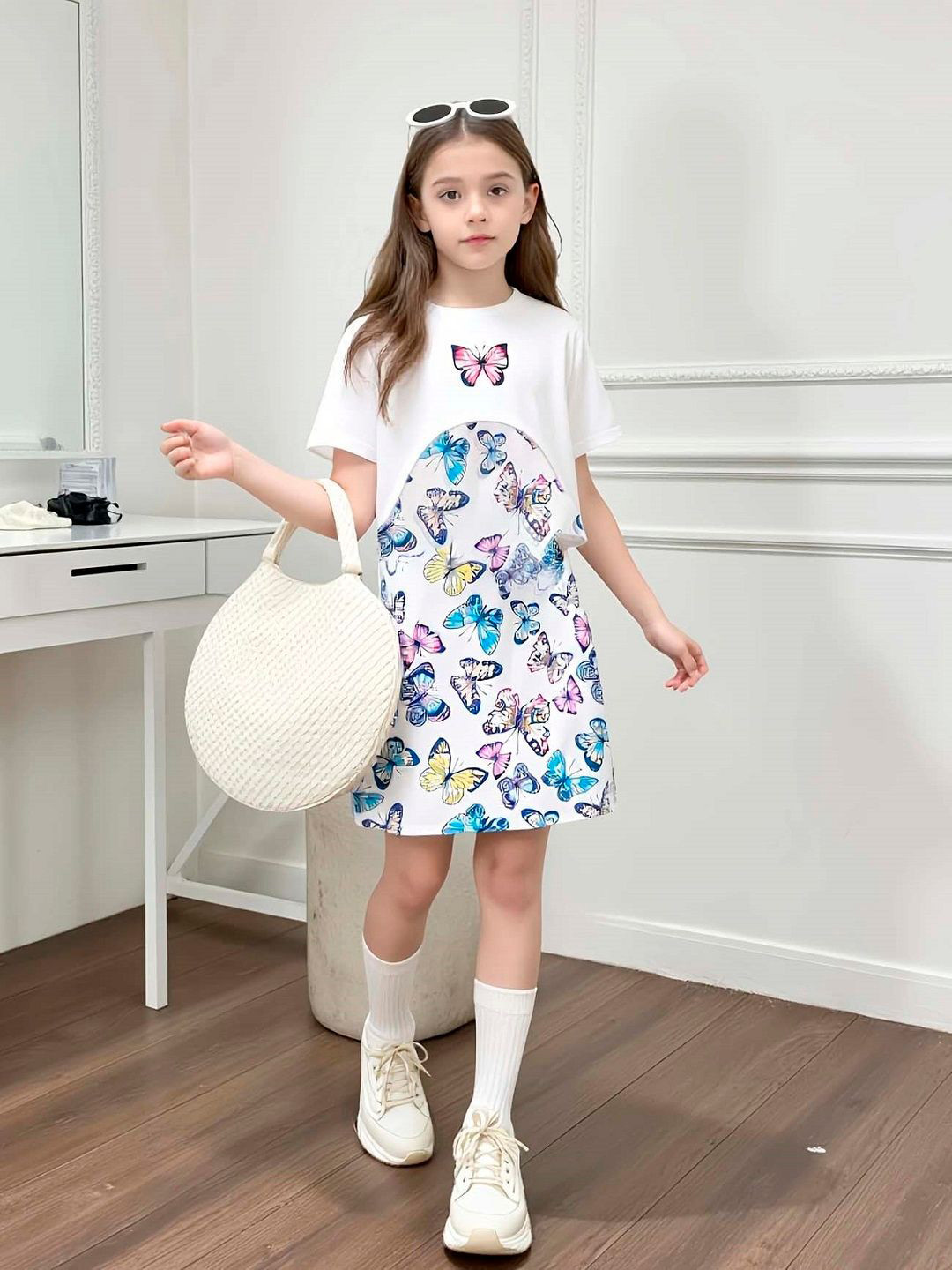 White World Girls Sheeen Floral Printd A-Line Dress