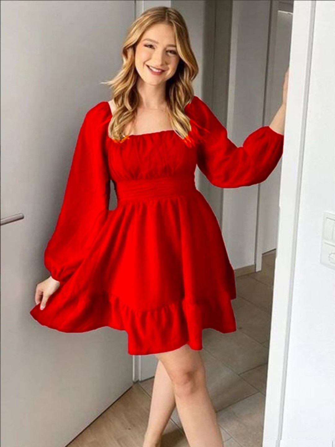 ENAYA STORE Women Square Neck Puff Sleeve Tiered Tie-Ups Above Knee A-Line Dress