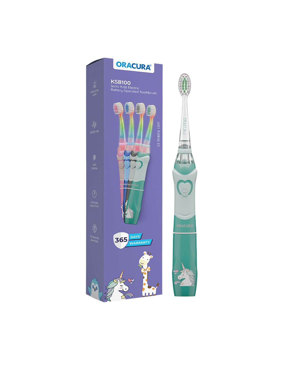ORACURA KSB100 Kids Sonic Battery Operated Electric Toothbrush - Green