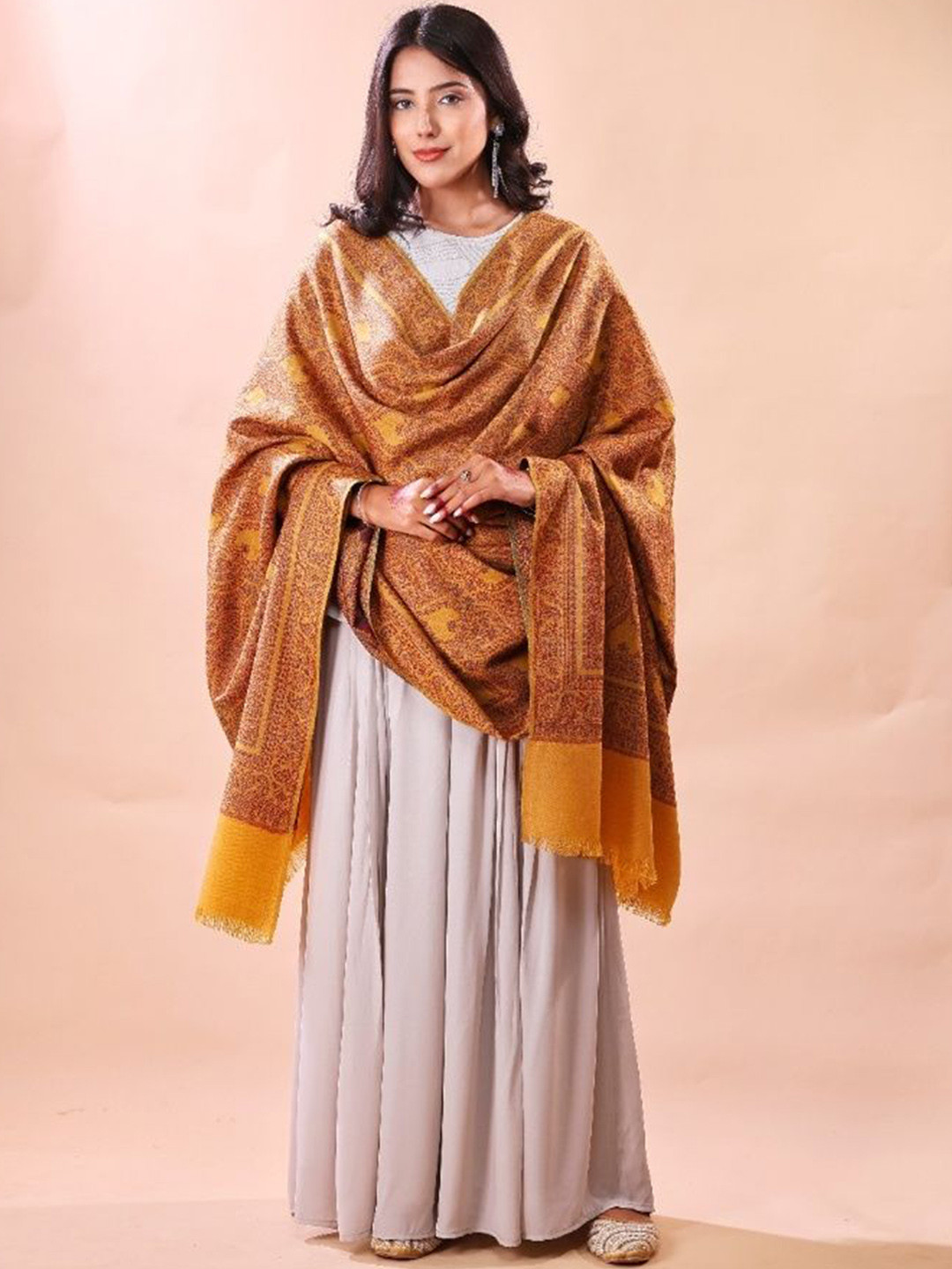 THE SHAWL STUDIO Paisley Woven Design Heart Kani Reversible Woollen Shawl